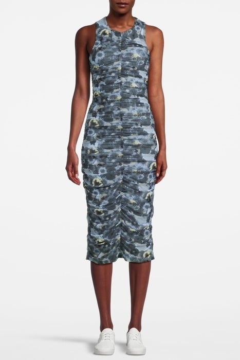 PRINTED MESH RUCHED SLEVELESS MIDI DRESS BRUNNERA BLUE 1