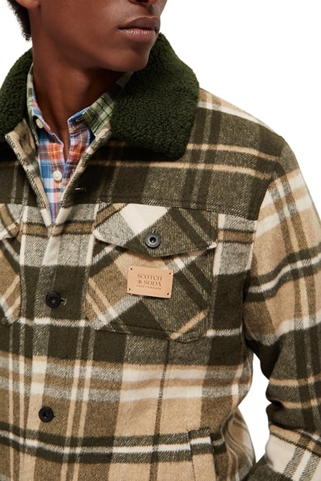 TEDDY-TRIMMED CHECKED TRUCKER JACKET FIELD GREEN CHECK 7