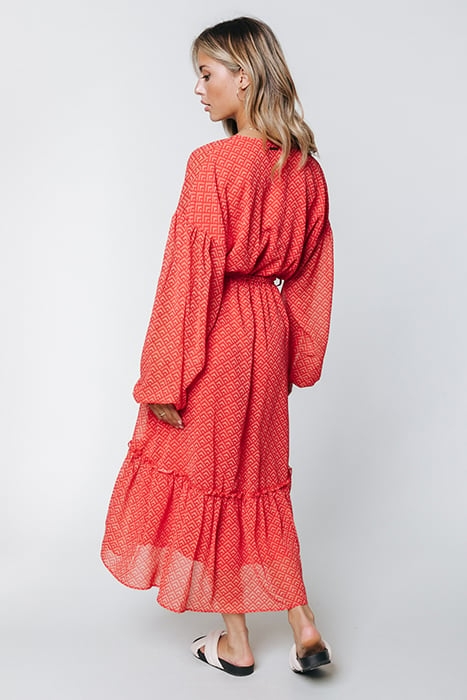 EMBLA SMALL GEO BALLOON SLEEVE MIDI DRESS BRIGHT ORANGE 2