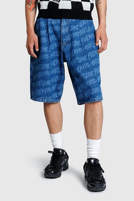 FUCKING AWESOME – BAGGY PLEATED DENIM LASER STAMP SHORTS BLU 1