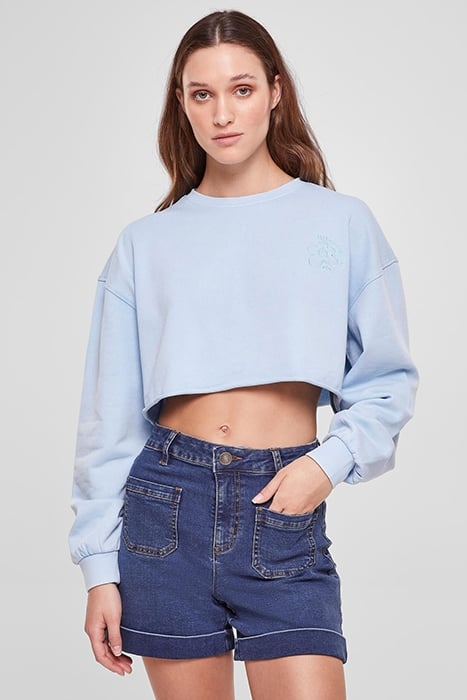 LADIES CROPPED FLOWER EMBROIDERY TERRY CREWNECK BALTICBLUE 1