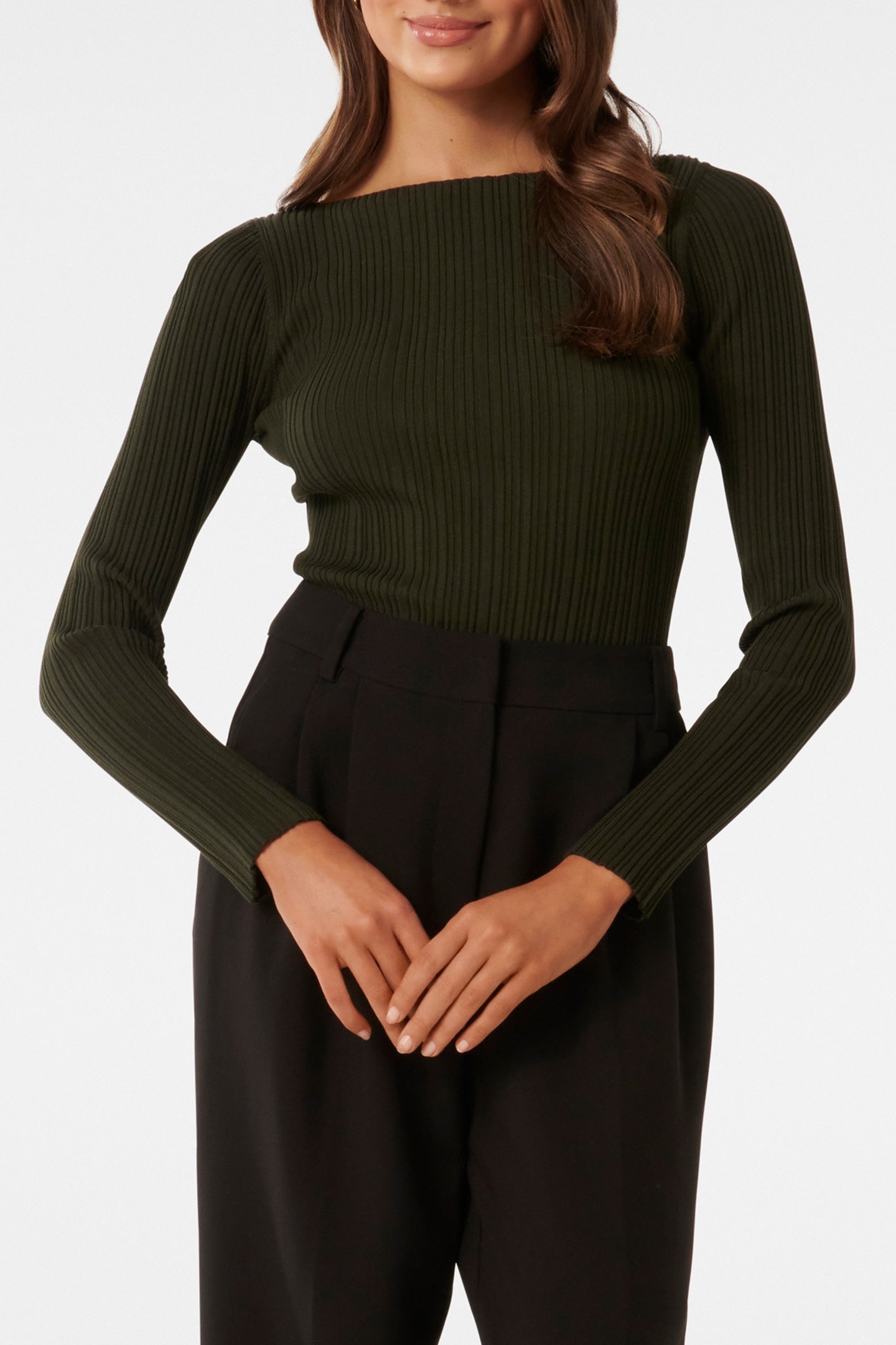 EVIE PETITE LONG SLEEVES RIB KNITTED TOP GREEN 1