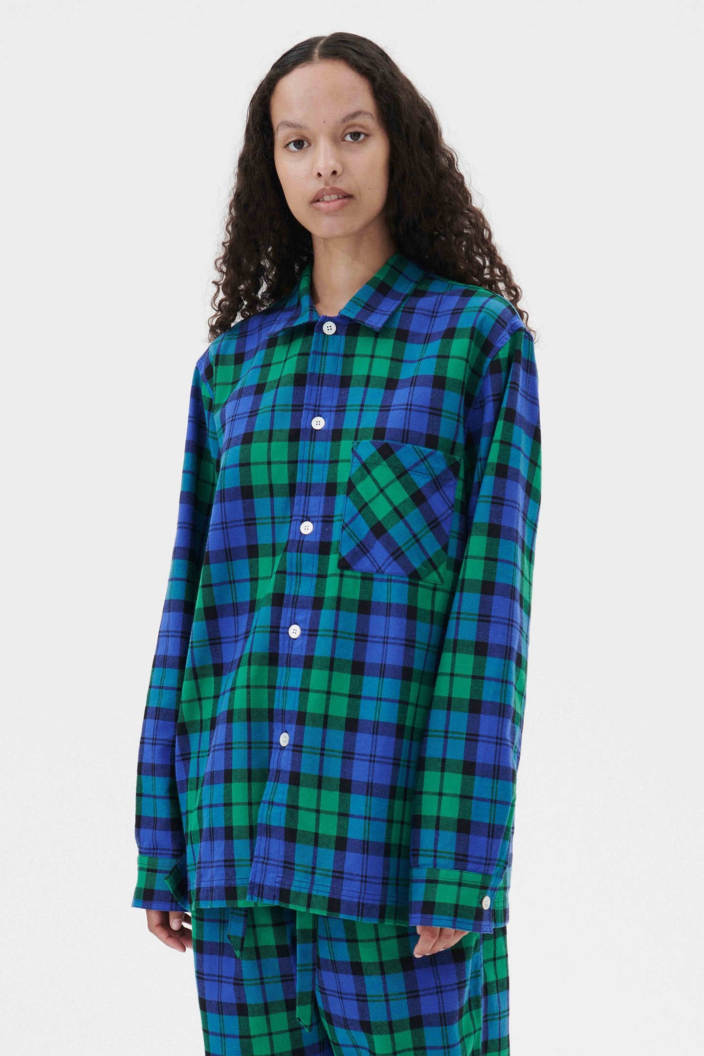 UNISEX FLANNEL, PYJAMAS SHIRT BLUE GREEN PLAID 1