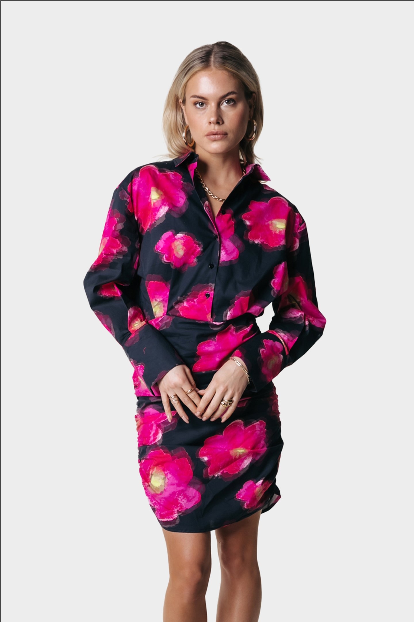 ROSE POPPY FLOWER GATHERED SHIRT DRESS BRIGHT PINK 1