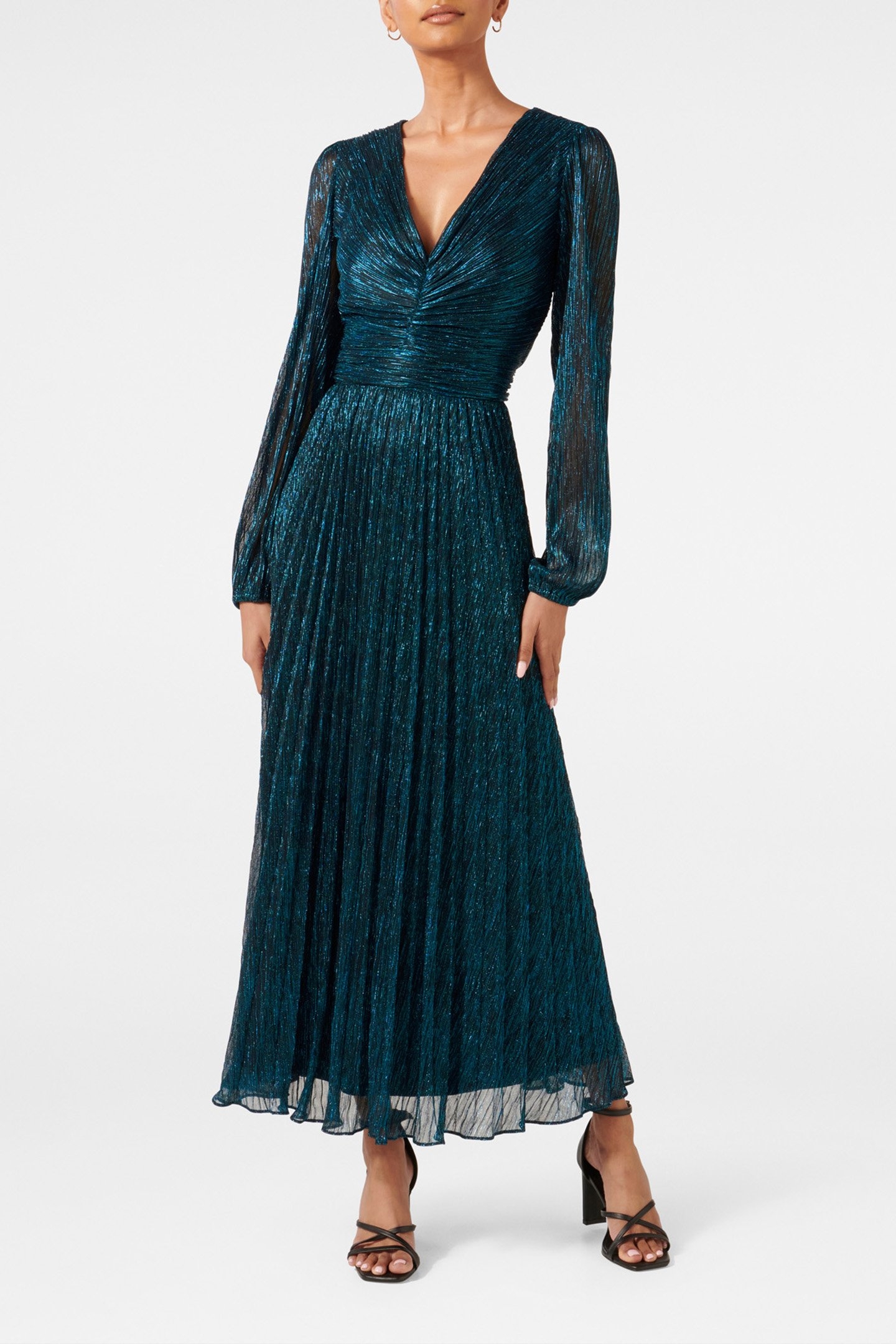 BROOKLYN PETITE PLEATED PLISSE MIDI DRESS TEAL 1