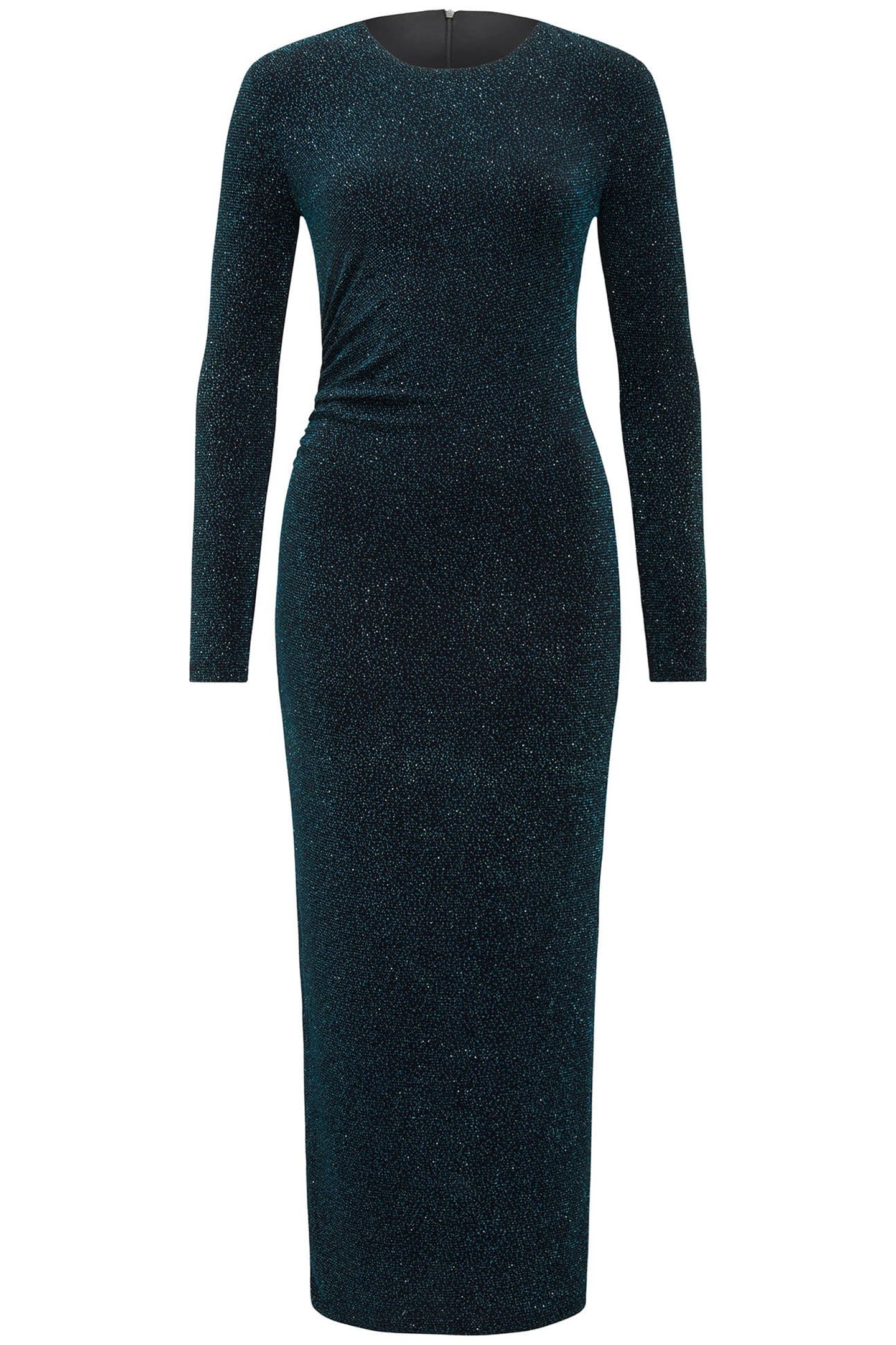 MONICA RUCHED GLITTER BODYCON DRESS TEAL GLITTER 3