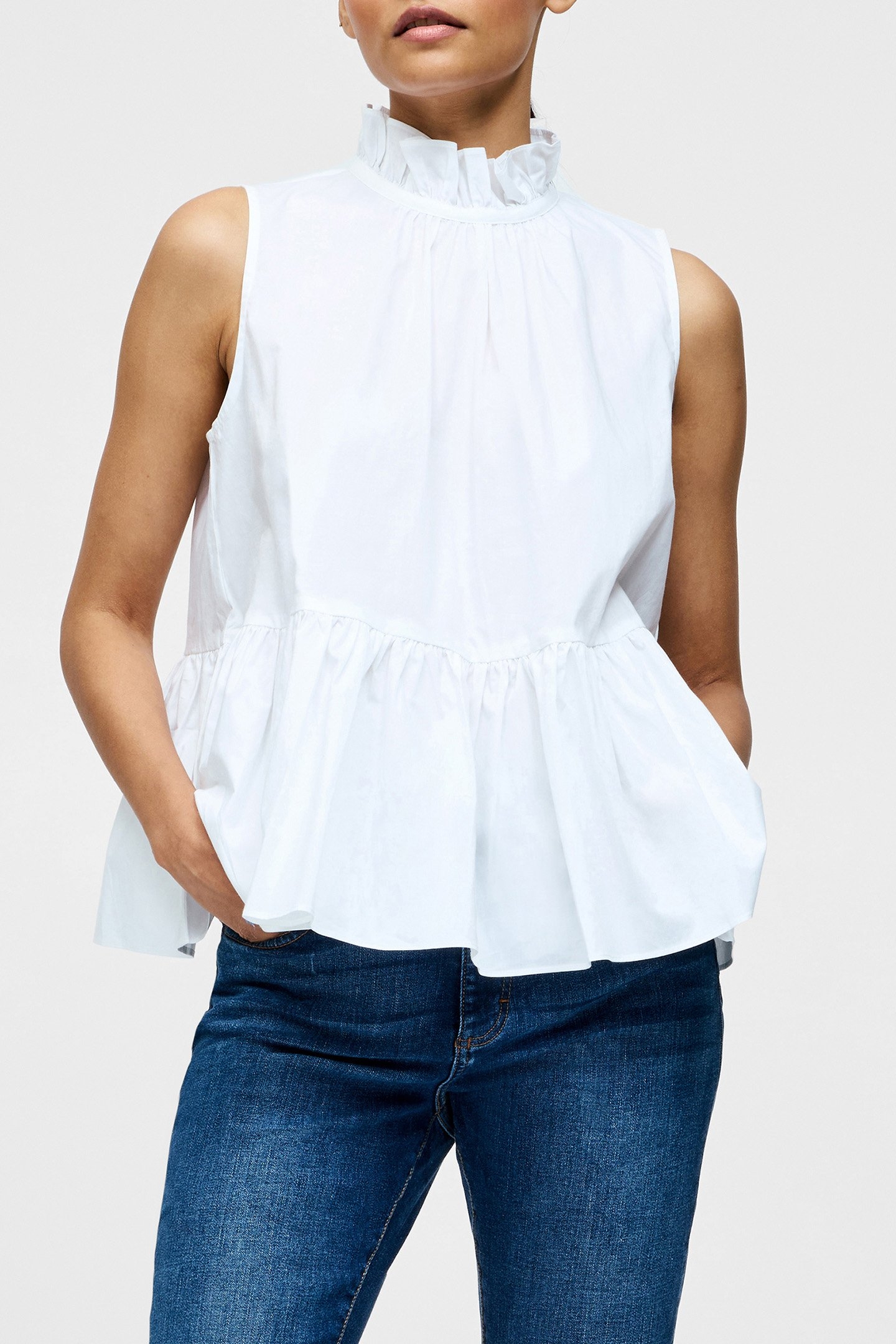 HIGH NECK SLEEVELESS POPLIN TOP LINEN WHITE 1