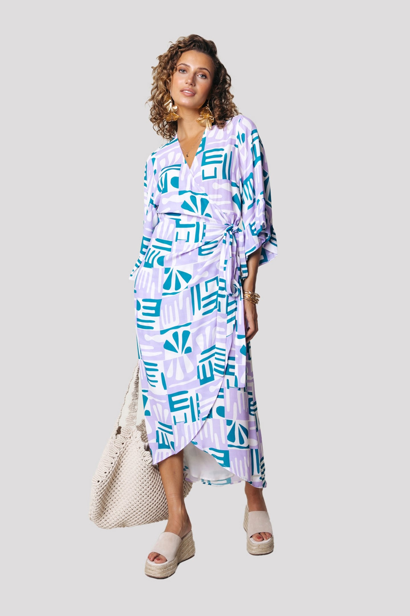 ALICE ABSTRACT TILES WRAP MAXI DRESS LS PASTEL LILAC 1