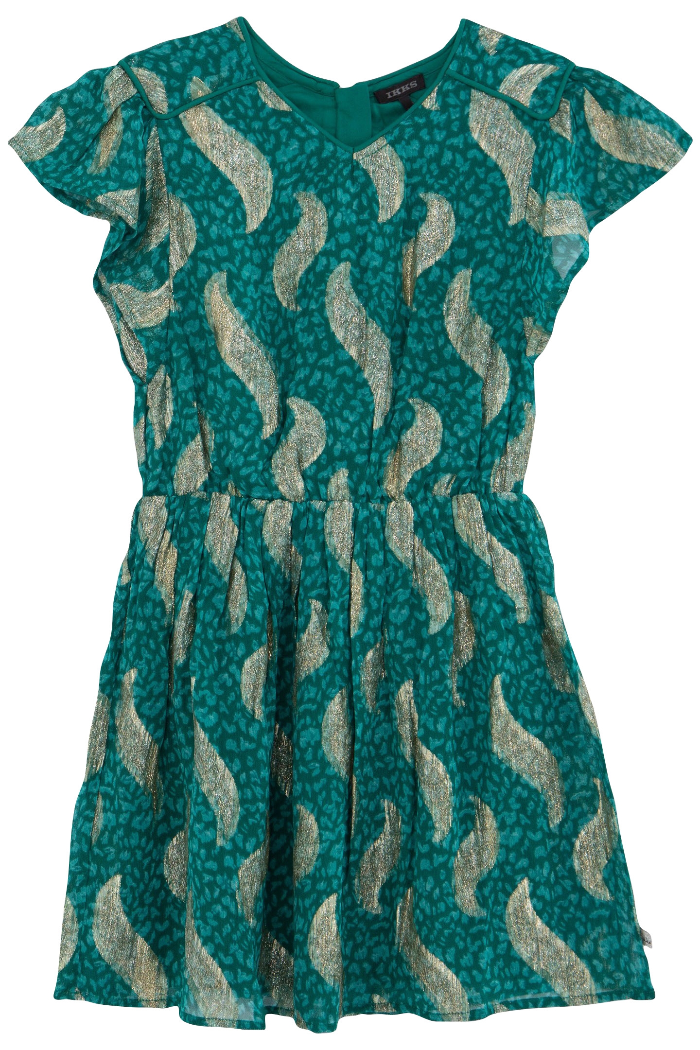 GIRLS' GREEN SHORT DRESS WITH GOLD LEAF PRINT 1
