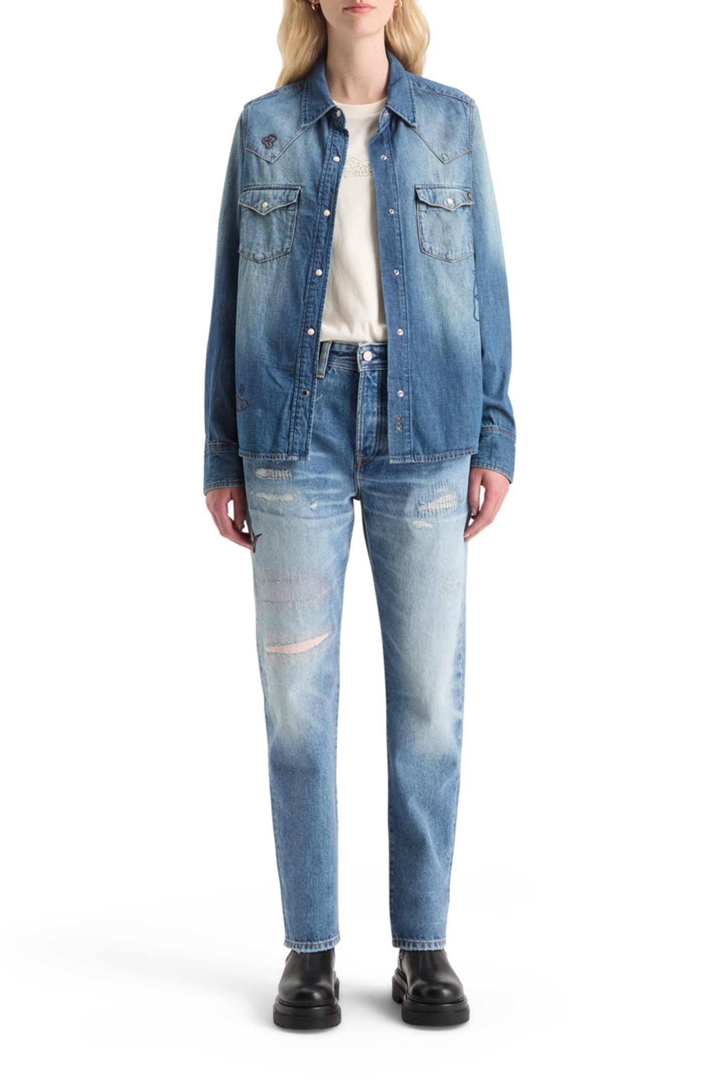 WASHED REGULAR FIT DENIM WESTERN SHIRT WITH EMBROIDERIES WAS 3