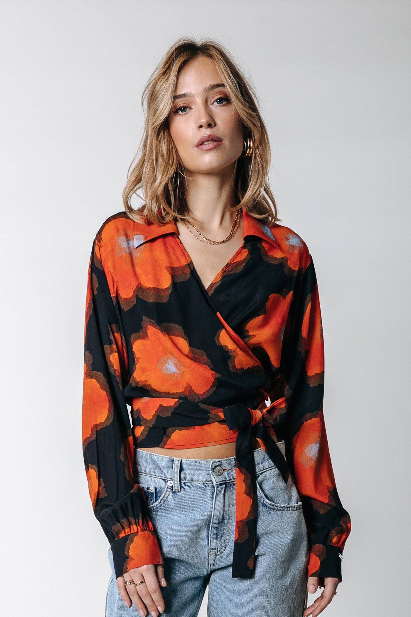 JOSA PAINTED FLOWER WRAP BLOUSE MANDARIN ORANGE 1