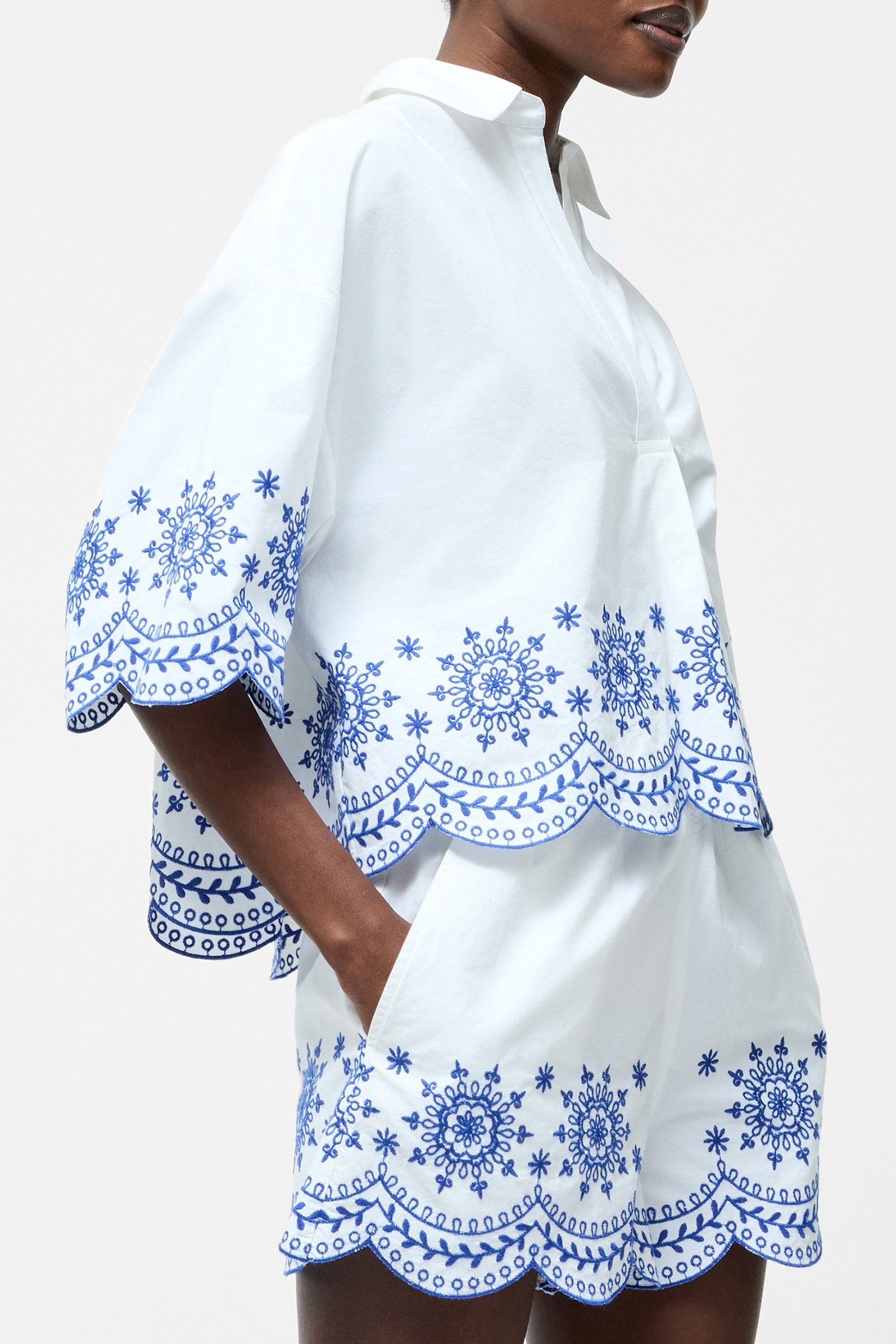 EMBROIDERED HEM POPOVER SHORT SLEEVE SHIRT LINEN WHITE/MULTI 3