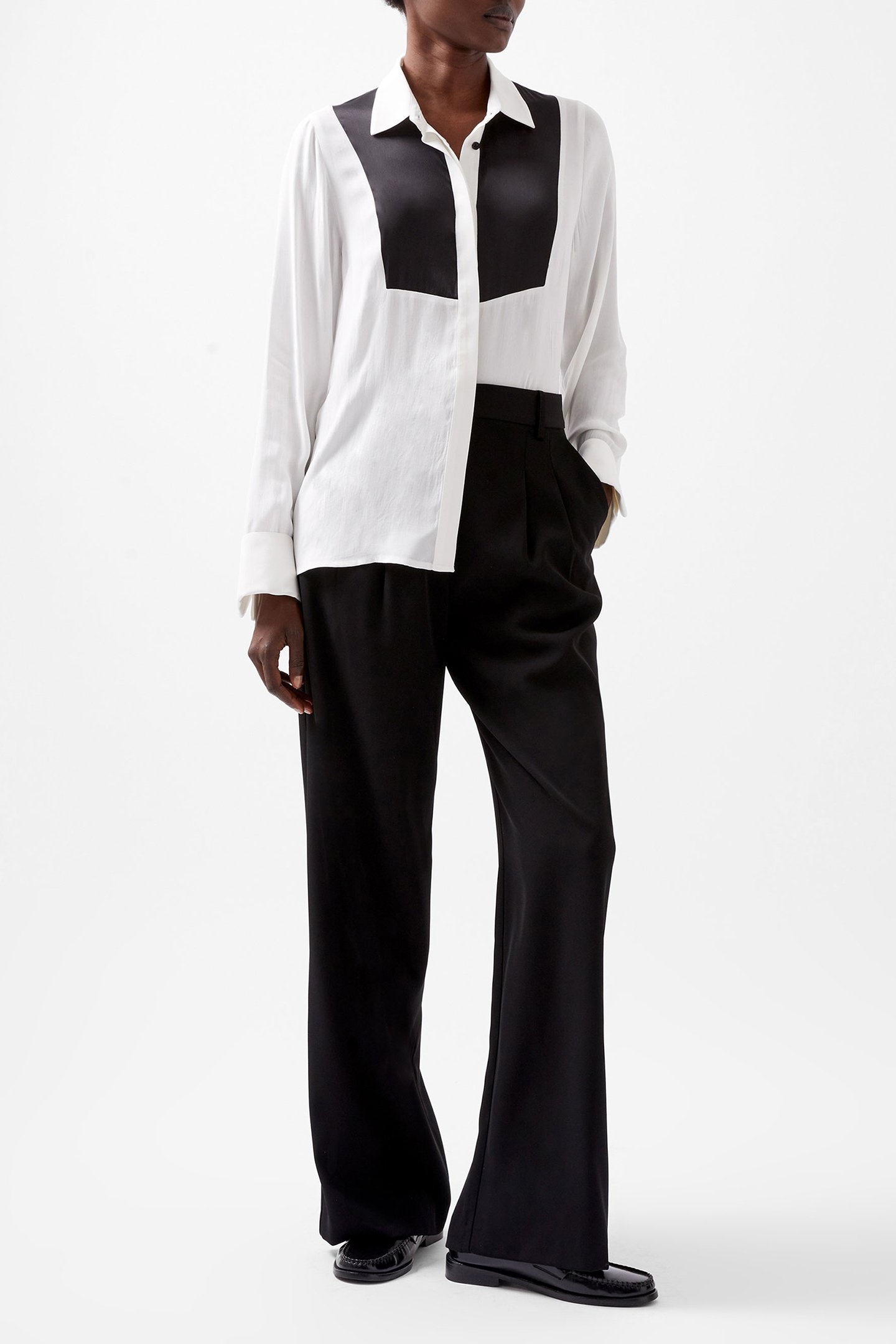 CHIARA DRAPE CONTRAST LS SHIRT LINEN WHITE/BLACKOUT 2