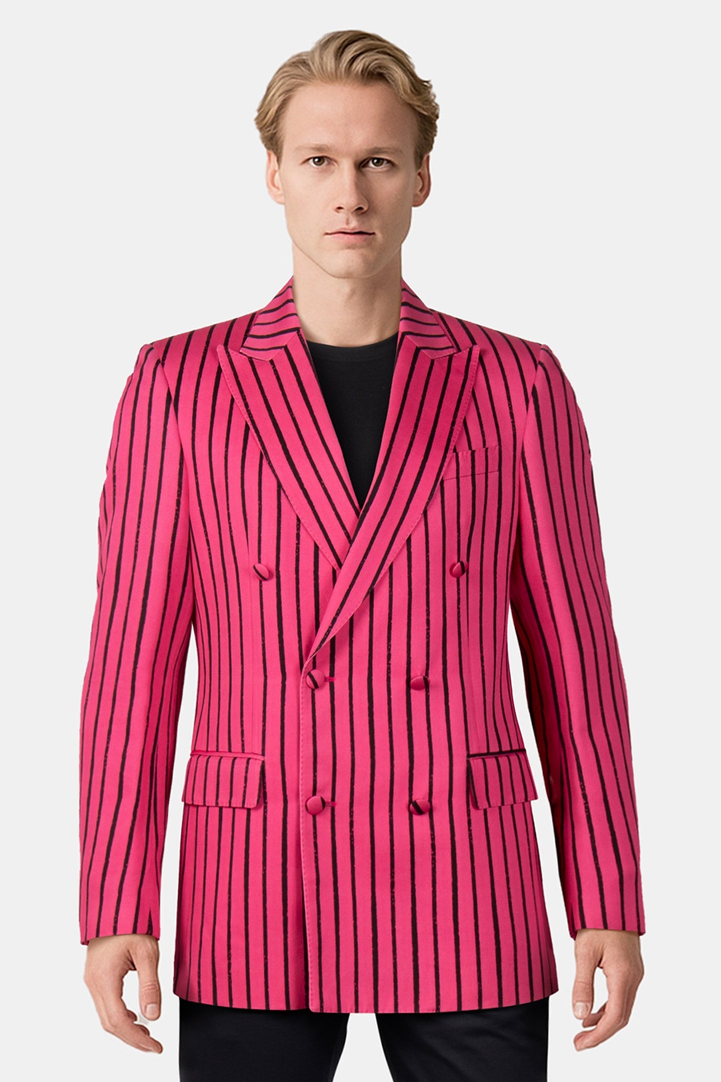 PINSTRIPES PRINT TWILL DOUBLE BREASTED JACKET PINK 1