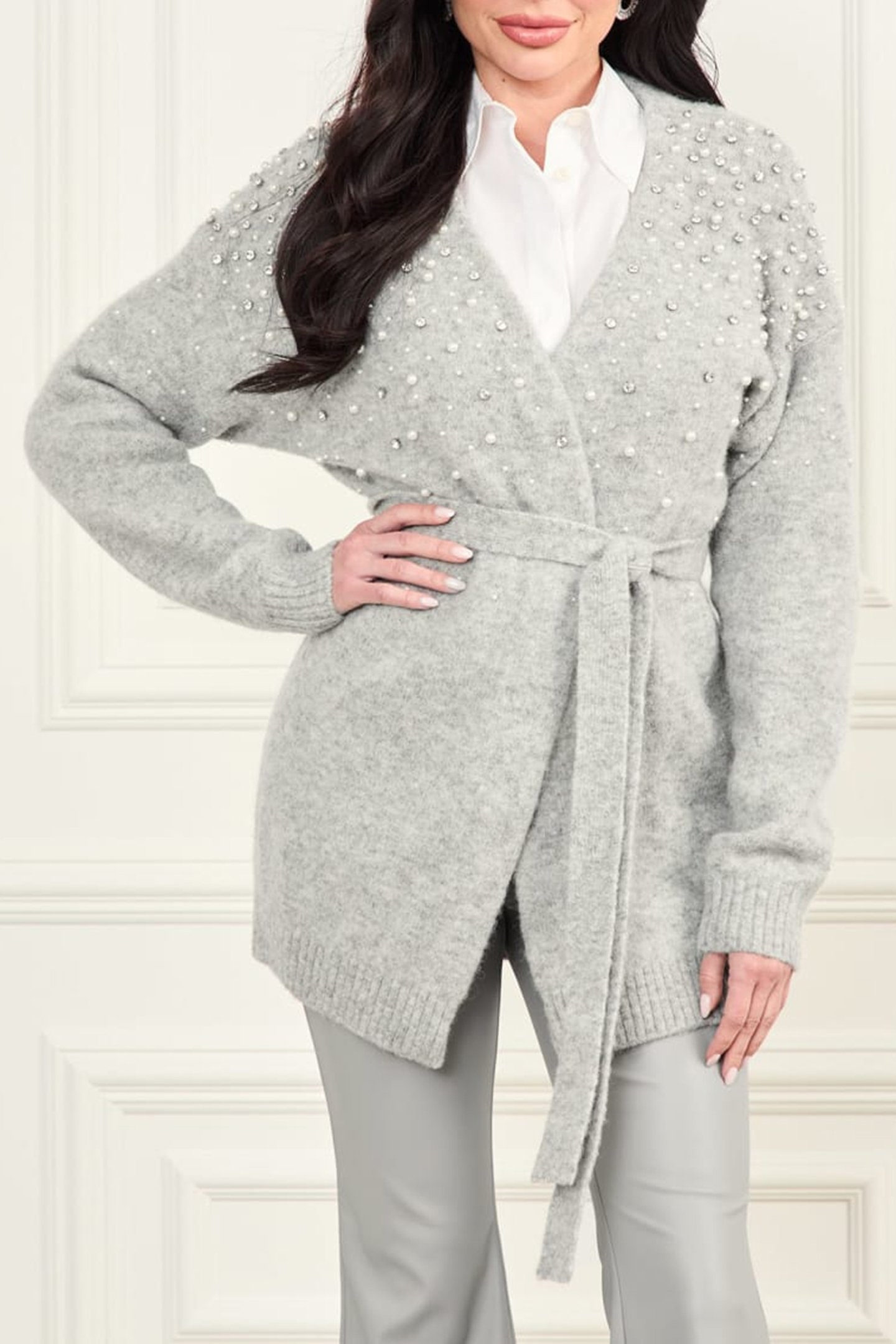 SIBILLA BELTED CARDI LIGHT STONE HEATHER 1