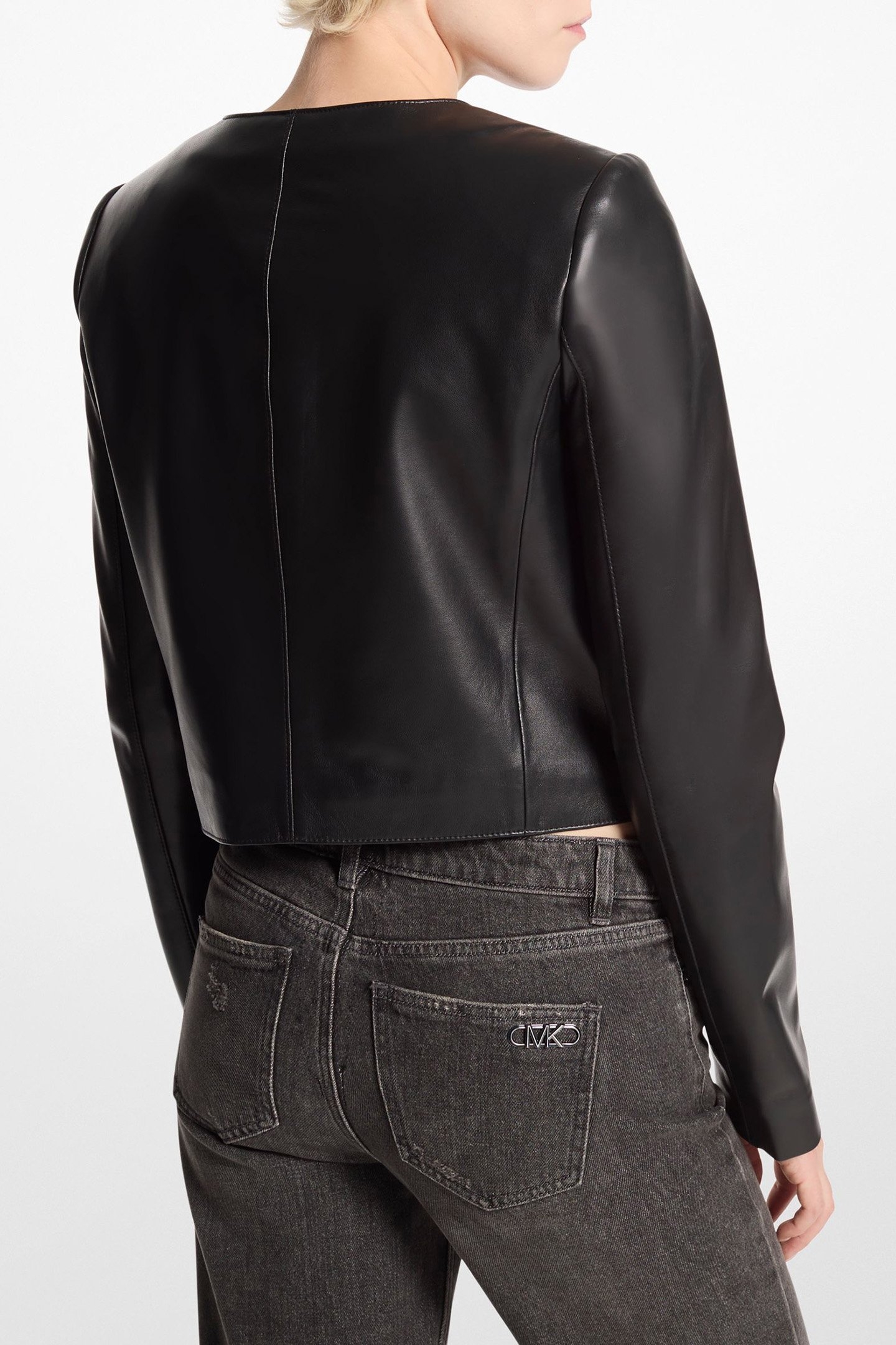 CROPPED COLLARLESS LEATHER JACKET IN BLACK 2