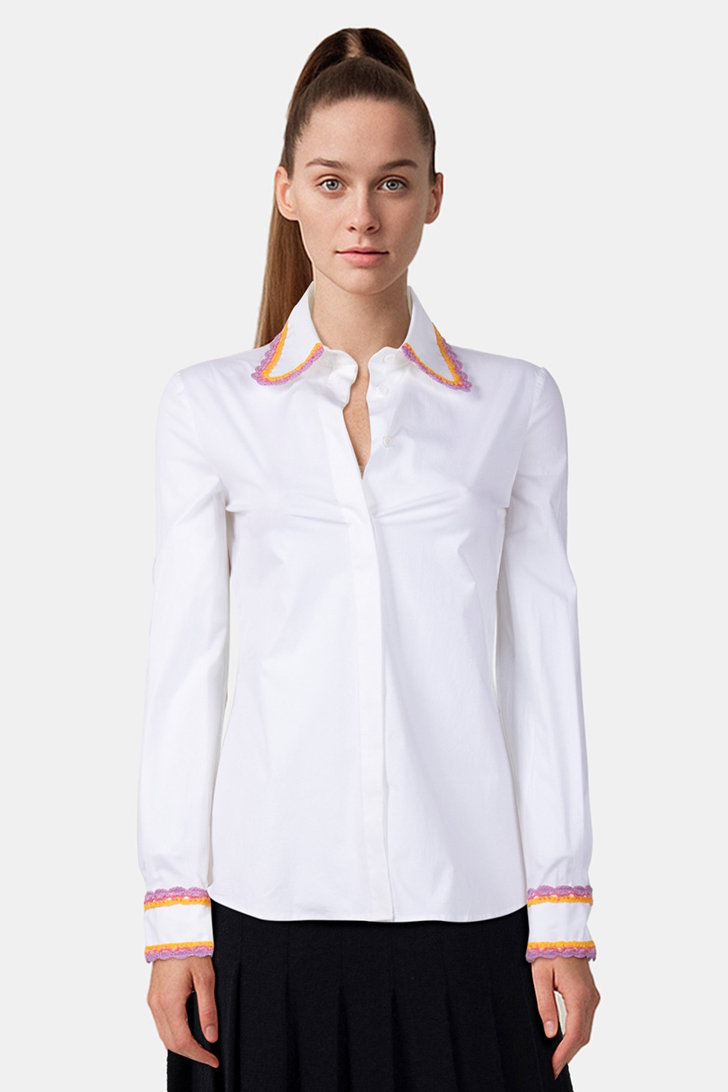STRETCH POPLIN SHIRT CROCHET DETAILS WHITE 1