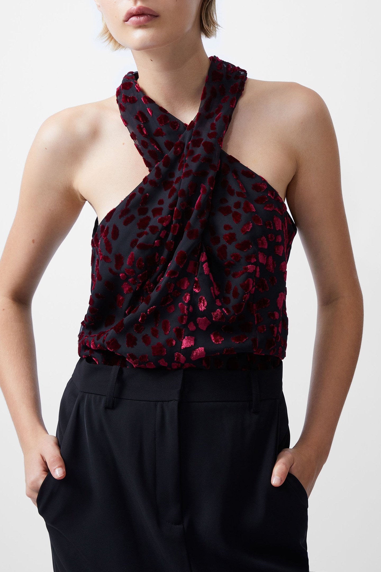 CADIE BURNOUT HALTER NK TOP BLACKOUT BAKED CHERR 1