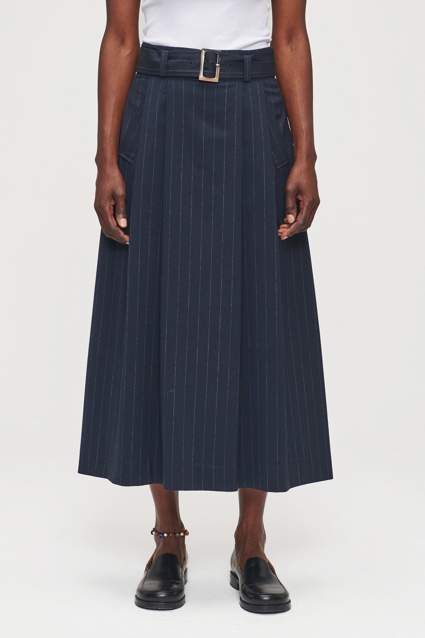PLEATED PIN STRIPE SKIRT MIDNIGHT BLUE 1