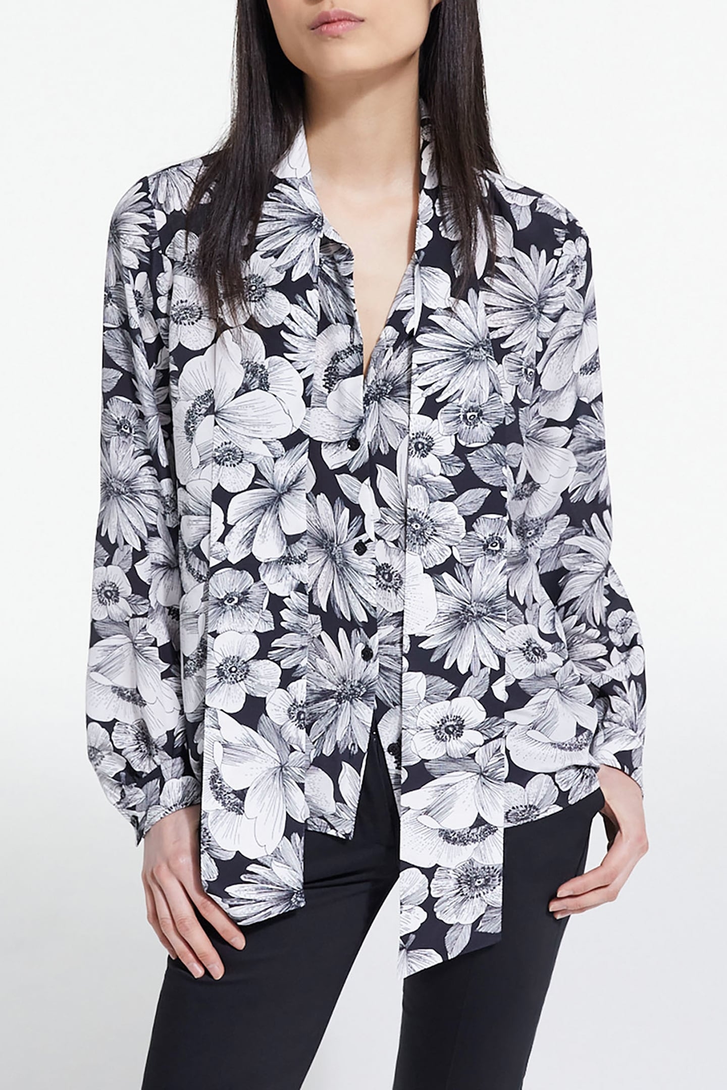 LONG-SLEEVED SHIRT WITH LAVALIERE COLLAR BLACK WHITE 1