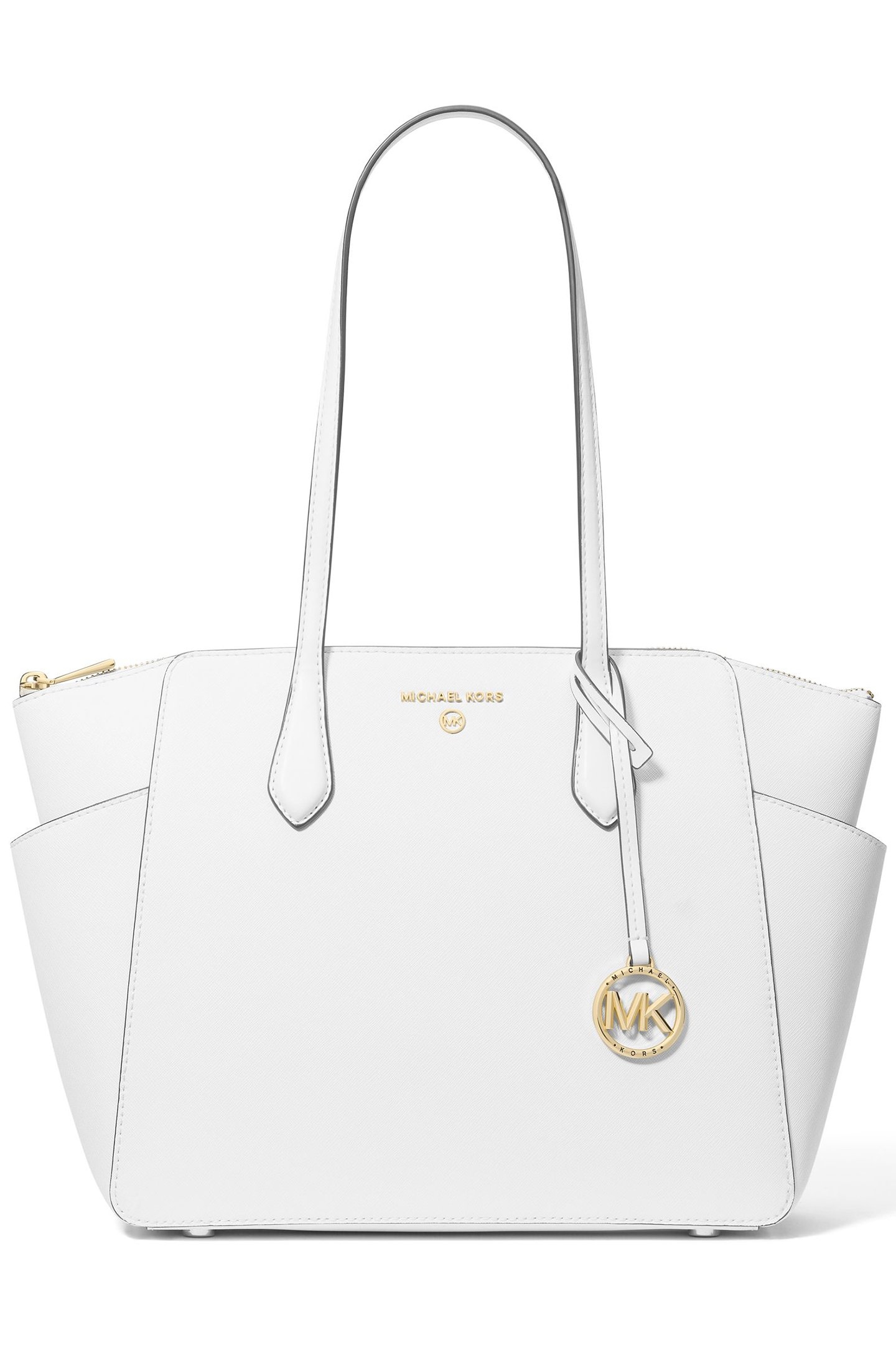 MEDIUM LEATHER TOP ZIP BUCKET MESSENGER BAG IN WHITE 1