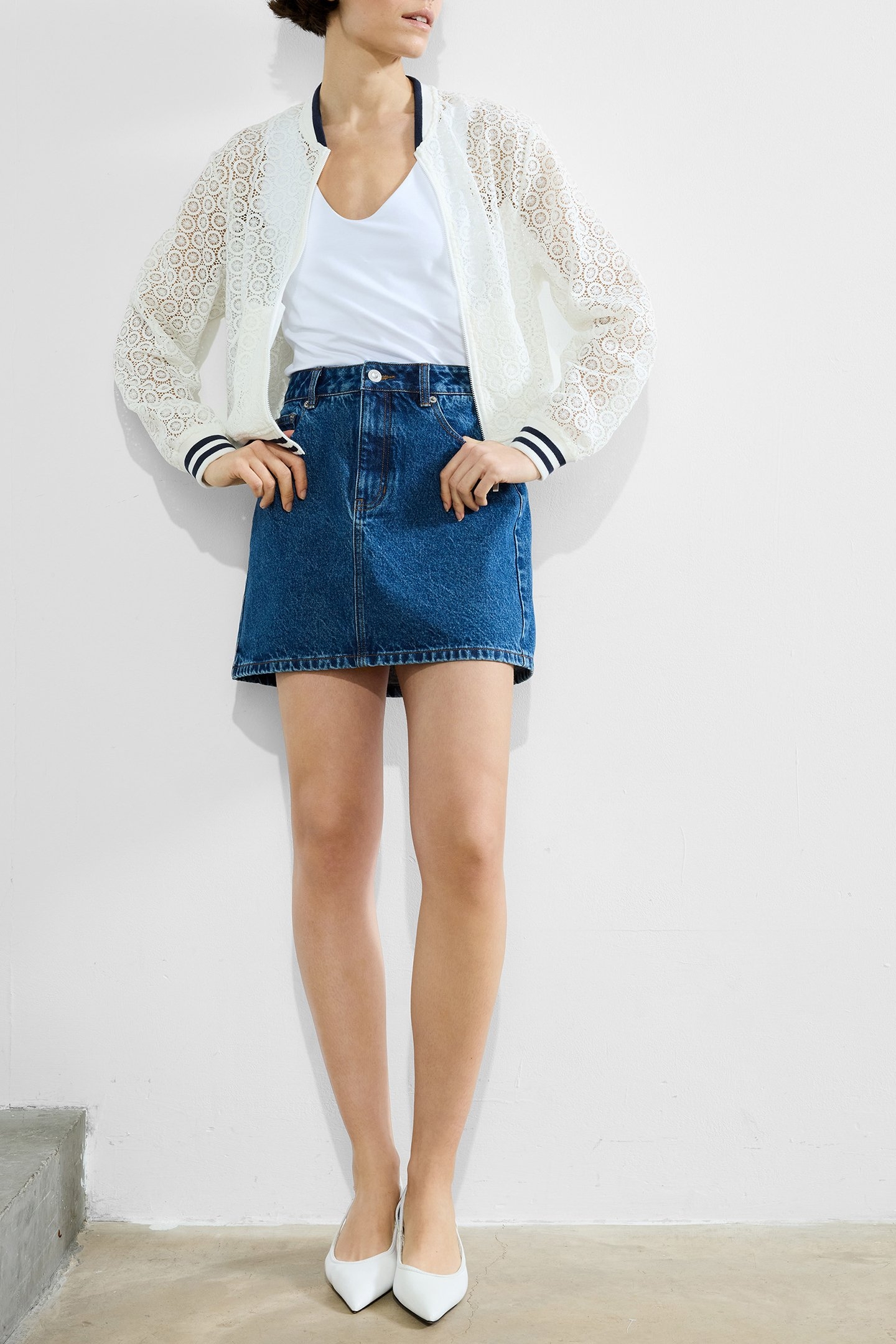 KRISTA LACE MIX KNIT BOMBER SUMMER WHITE/NAVY 3