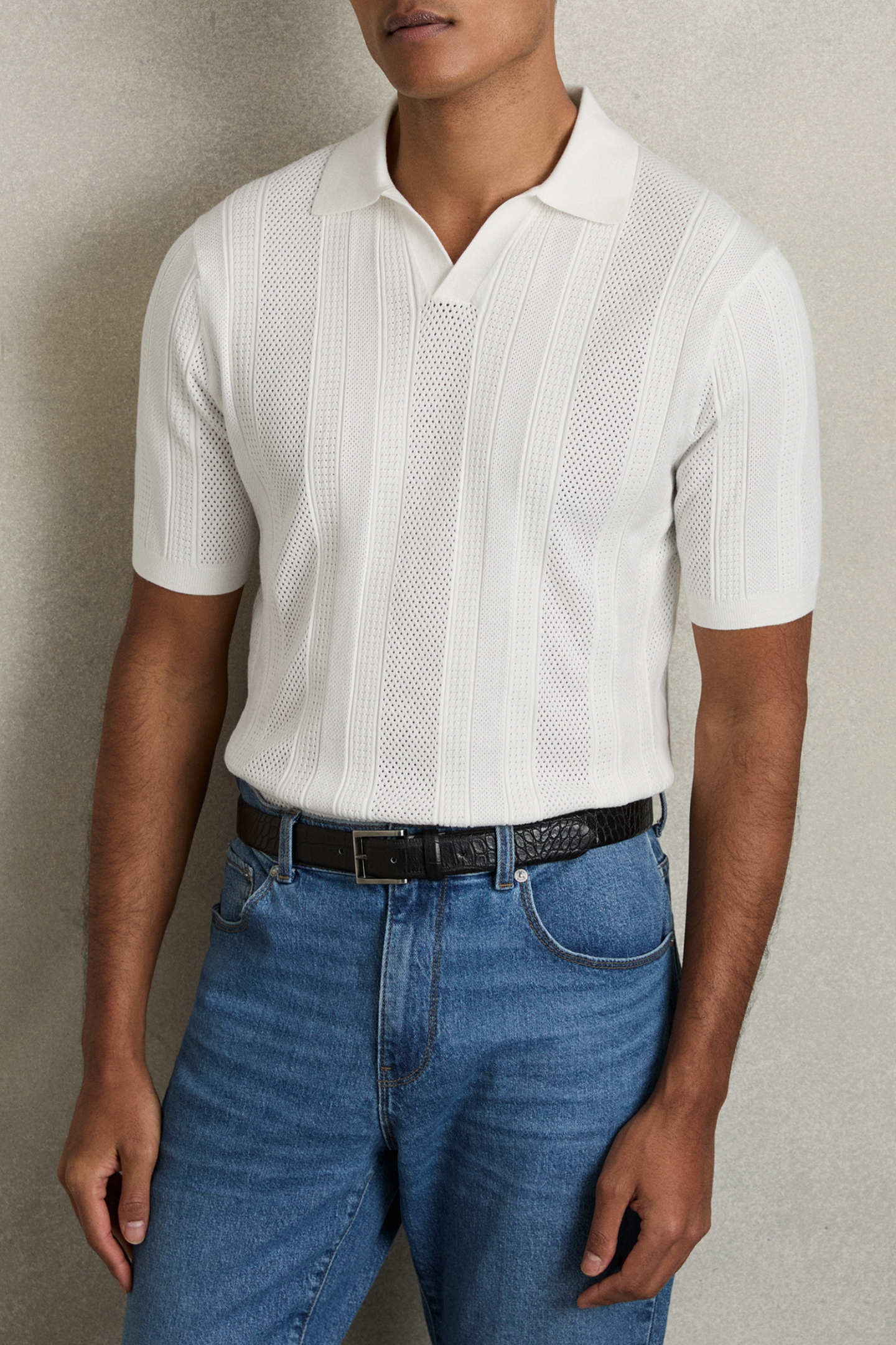 SS OPEN COLLAR STRIPE TEXTURED KNITTED POLO WHITE 1