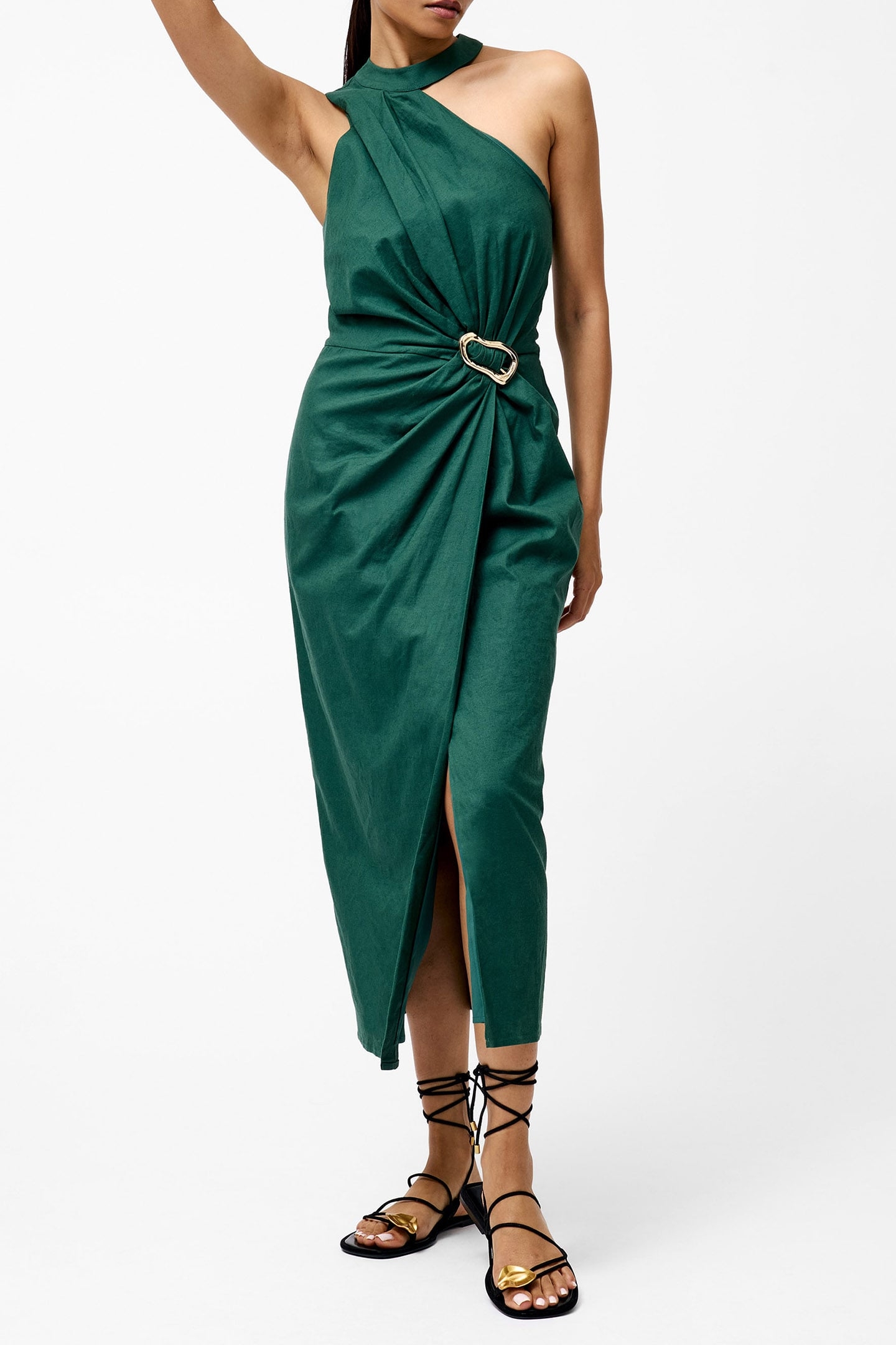 ASPEN LINEN BLEND HALTER DRESS JADE GREEN 1