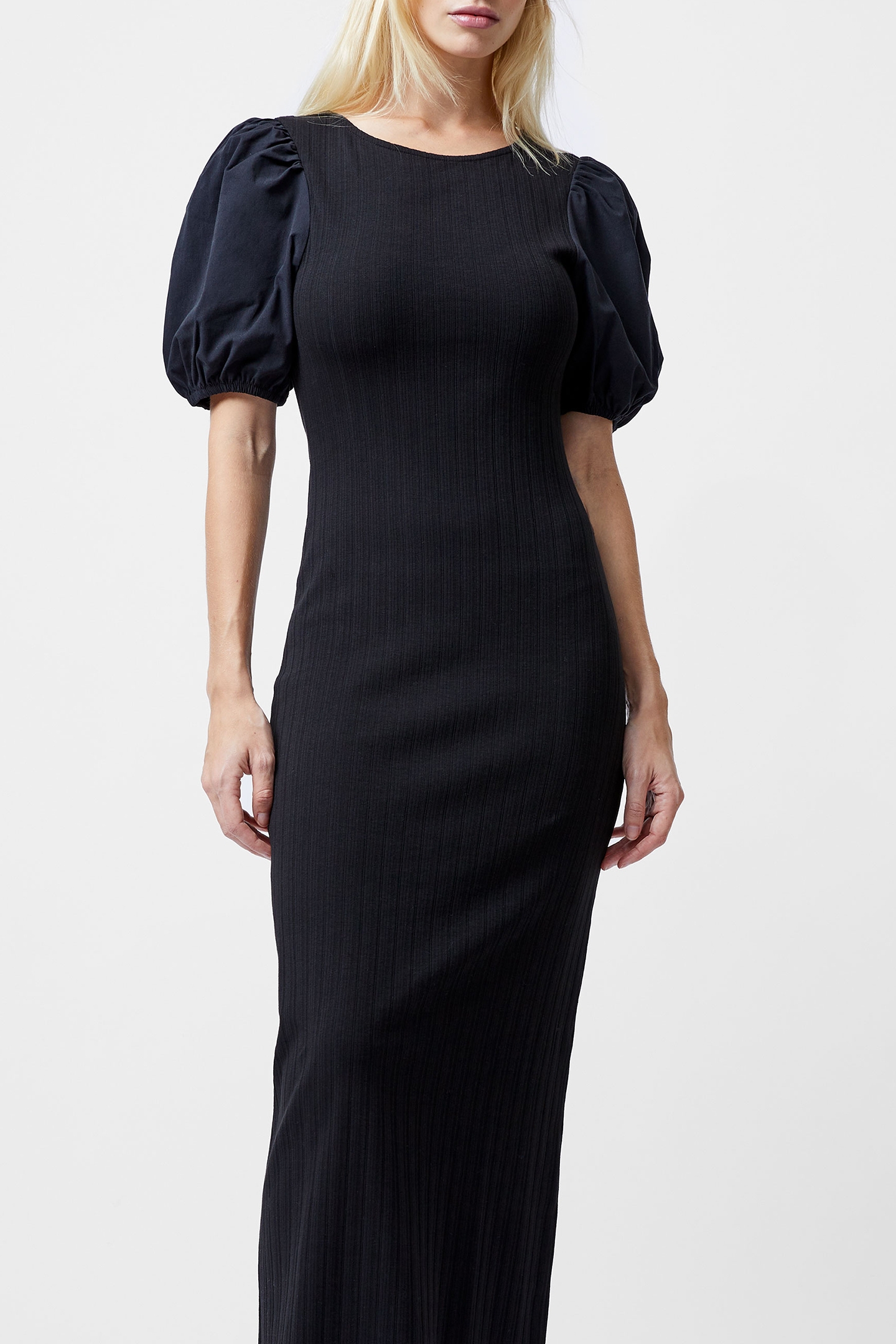 SASIA RIB PUFF SLV MIDI DRESSS BLACK 3