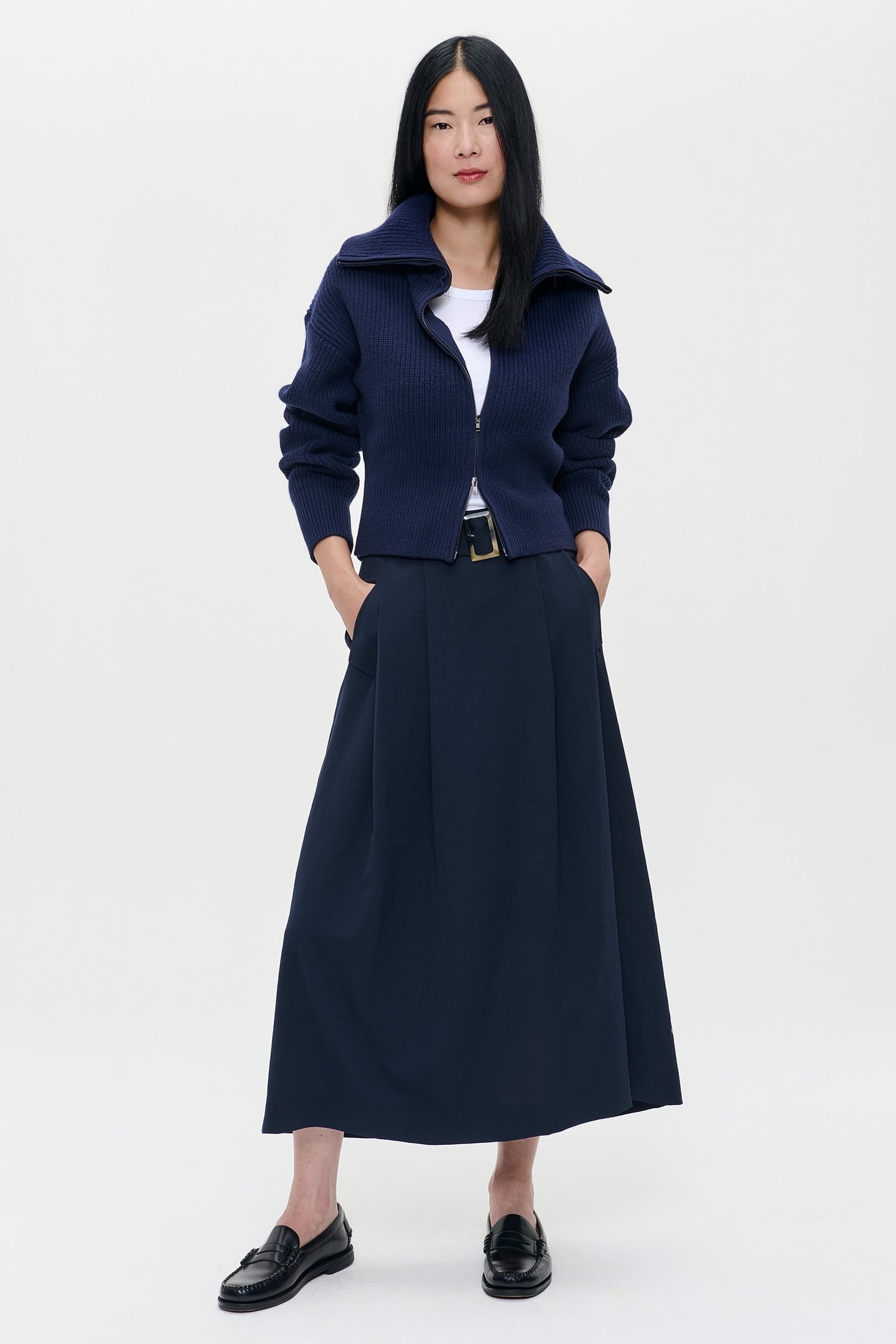 MERINO WAISTED ZIP CARDI DEEP BLUE 1