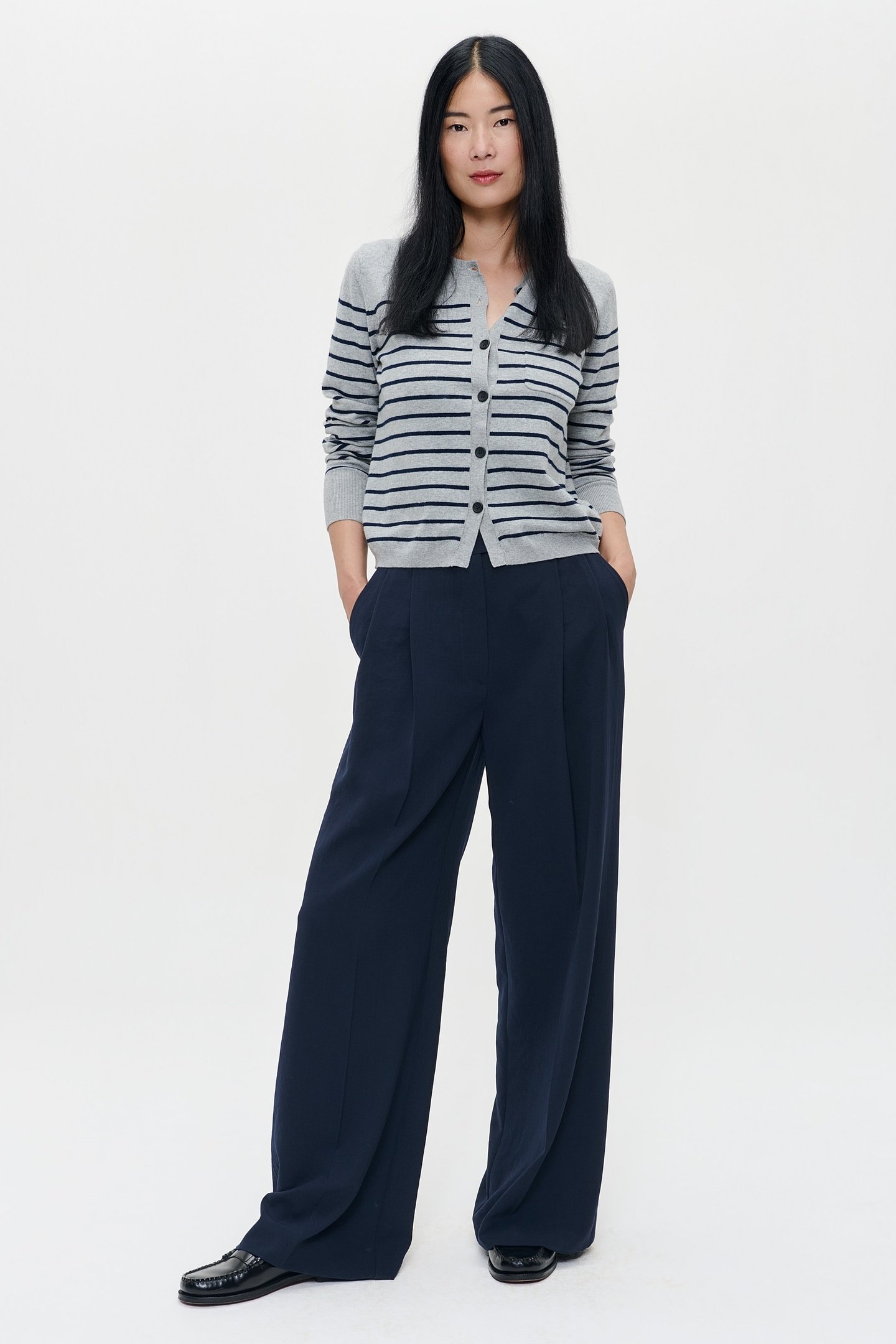 CASHMERE CARDIGAN GREY/MIDNIGHT STRIPE 2