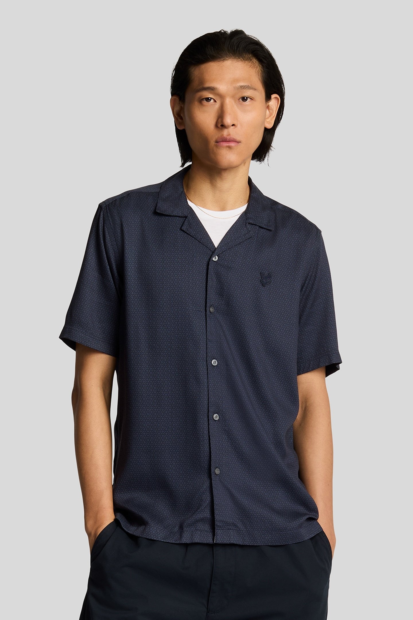 GEO MOTIF PRINTED REVERE SHIRT DARK NAVY 1
