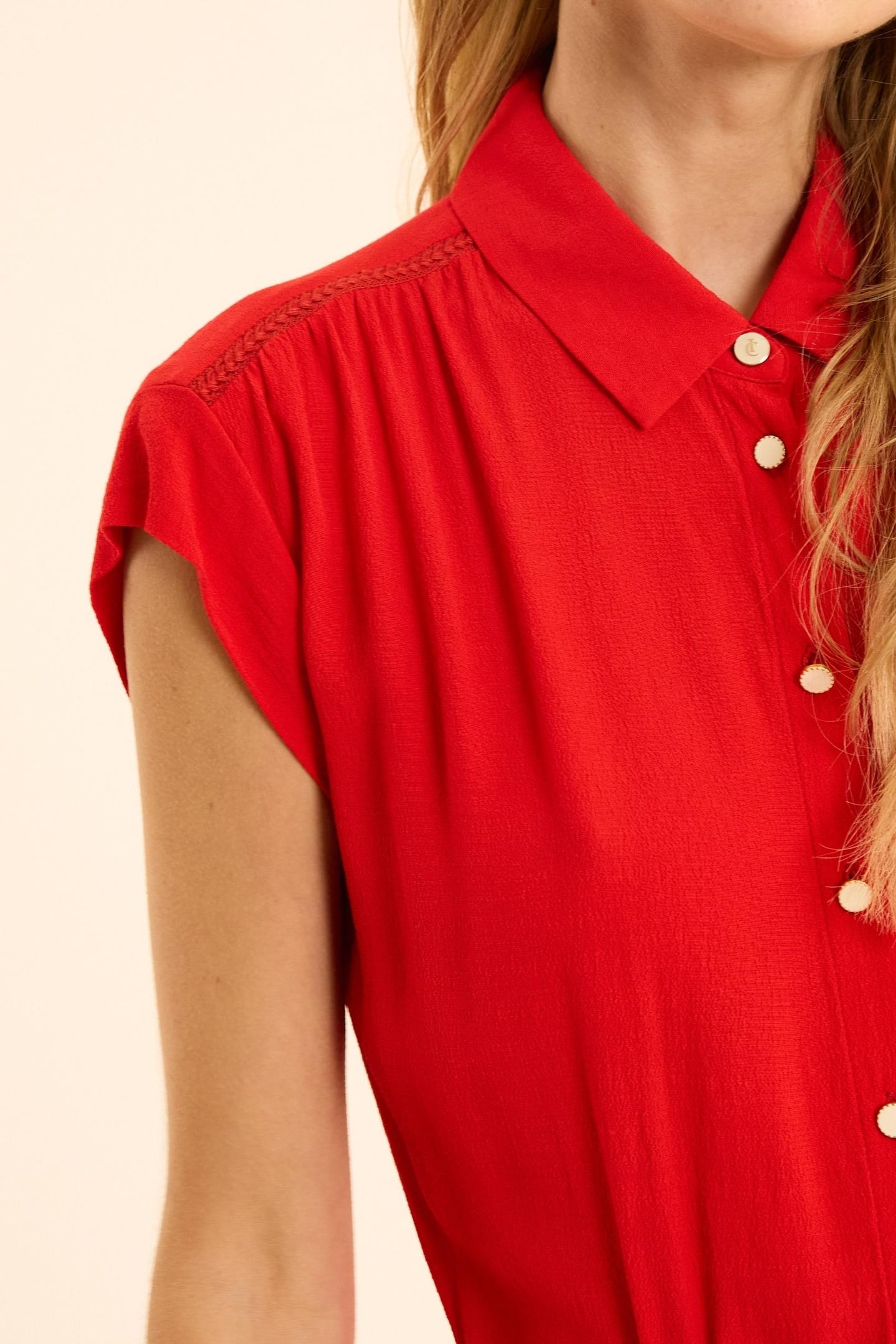 RED FLOWING SHIRT DRESS WITH BRAID DETAIL CARMINE RED 7