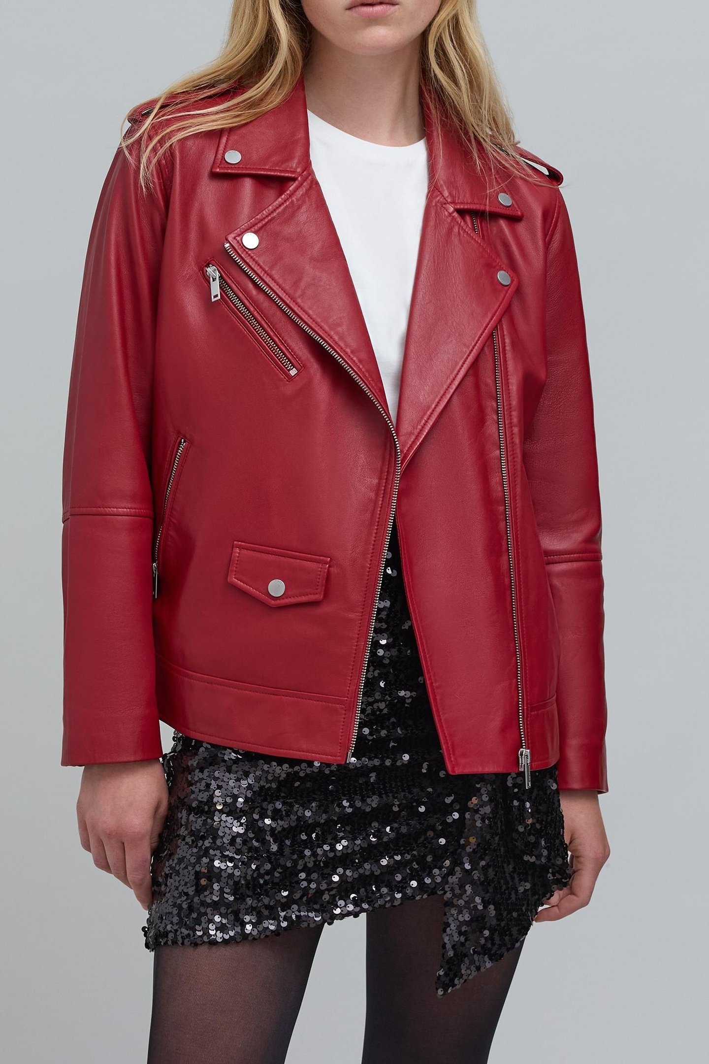 RED LEATHER BIKER JACKET WITH ZIPPED POCKETS 2