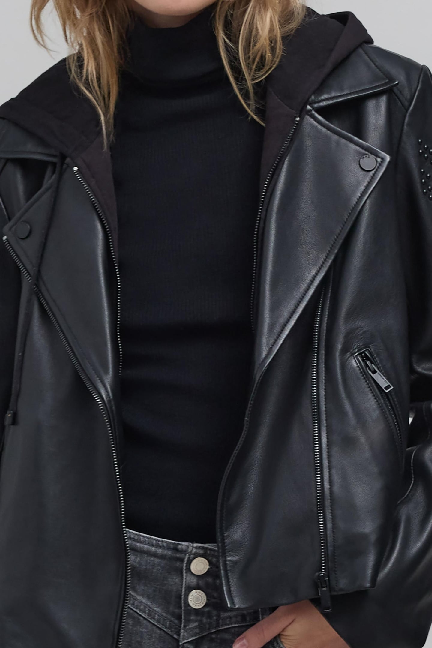 BLACK LEATHER BIKER JACKET WITH STUDS 4