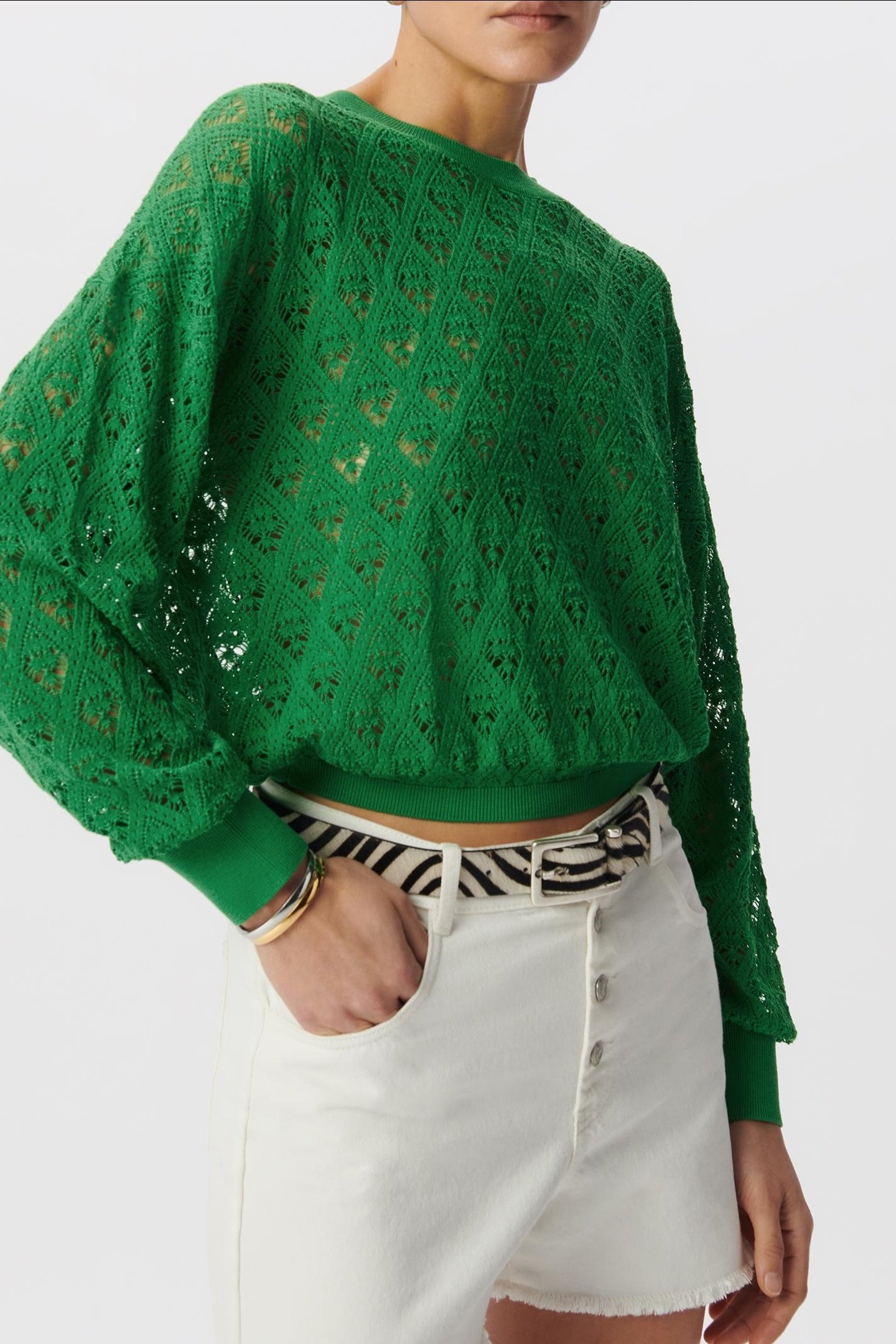 GREEN CROCHET-STYLE OPENWORK KNIT SWEATER 2