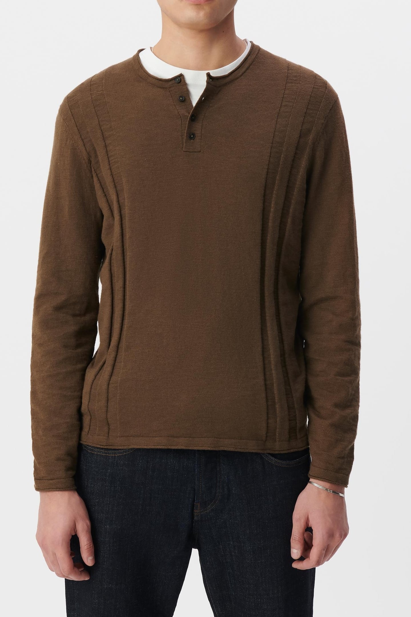 KHAKI ORGANIC COTTON FINE KNIT BUTTON-NECK SWEATER 2