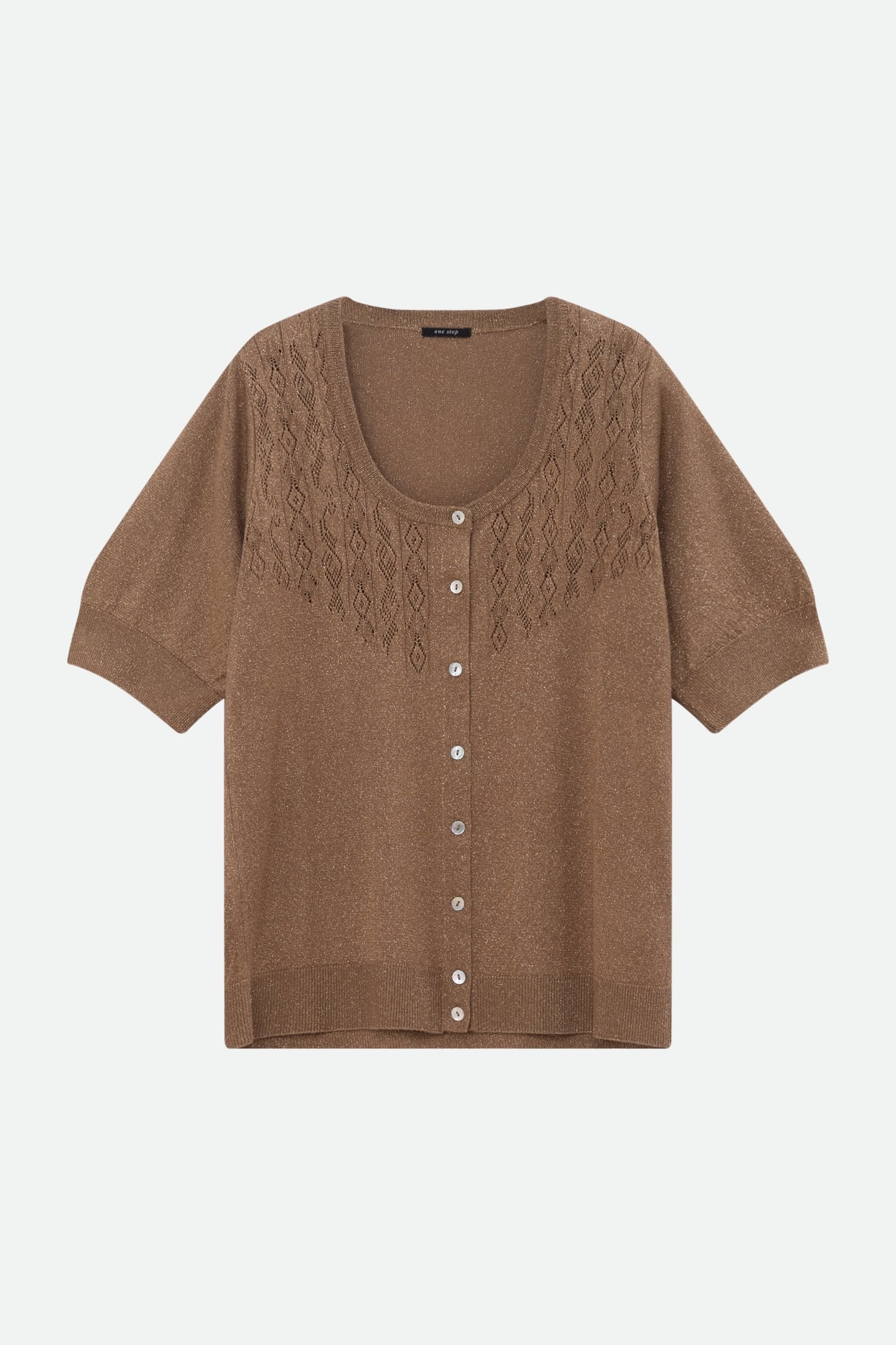 TERENOS - FANCY LUREX KNIT BROWN SHORT-SLEEVED CARDIGAN 6