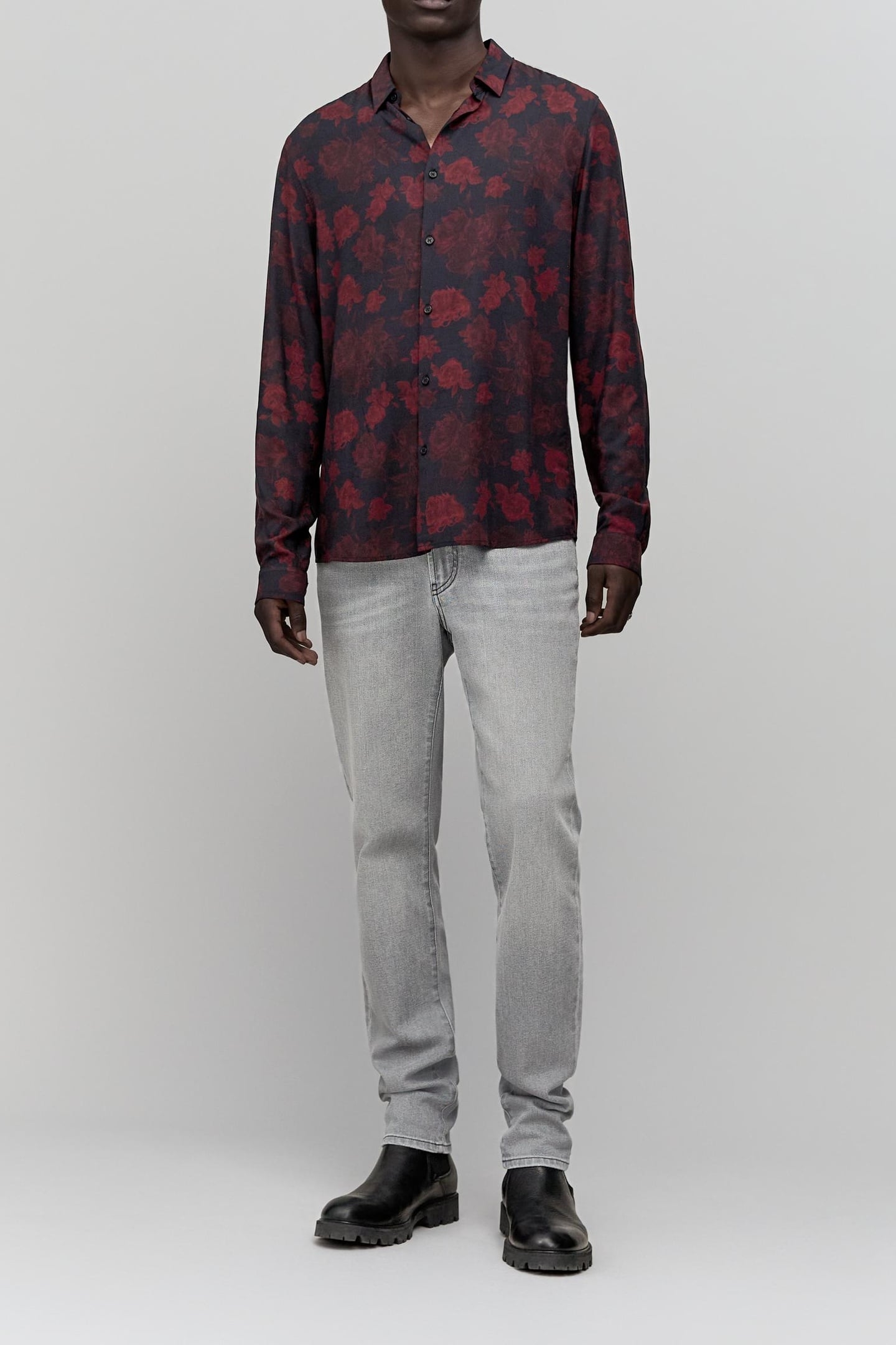 BLACK SLIM SHIRT WITH RED ROSE PRINT 3