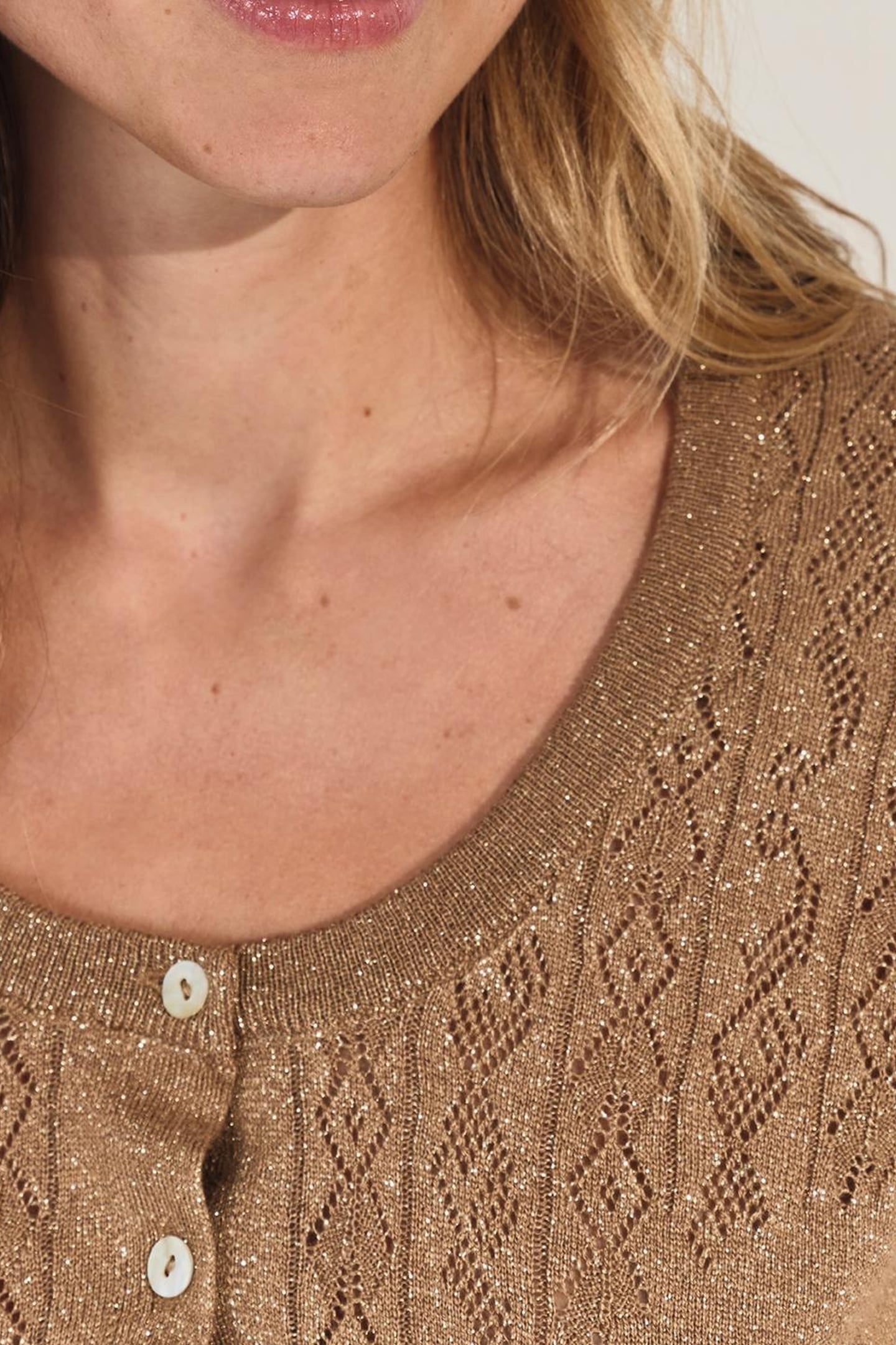 TERENOS - FANCY LUREX KNIT BROWN SHORT-SLEEVED CARDIGAN 8