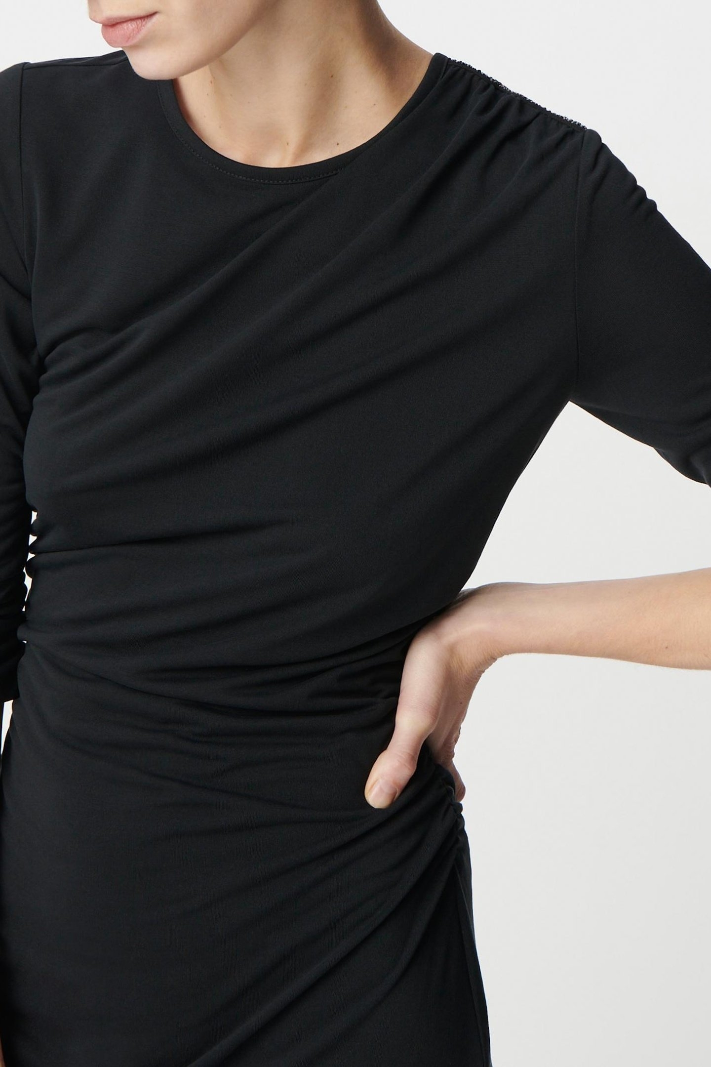 GATHERED BLACK EVENING DRESS WITH RHINESTONE SHOULDERS 5