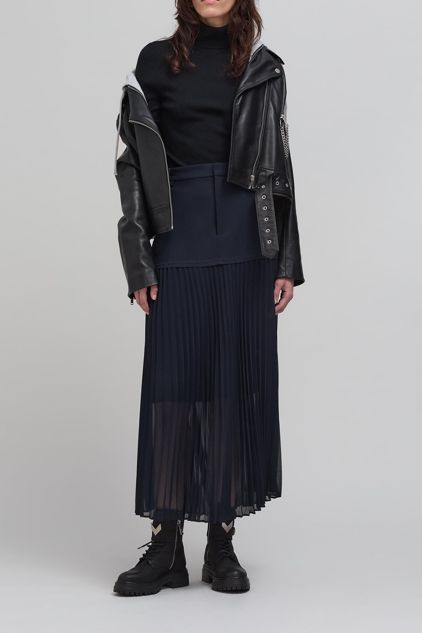 NAVY BI-MATERIAL LONG SKIRT 1