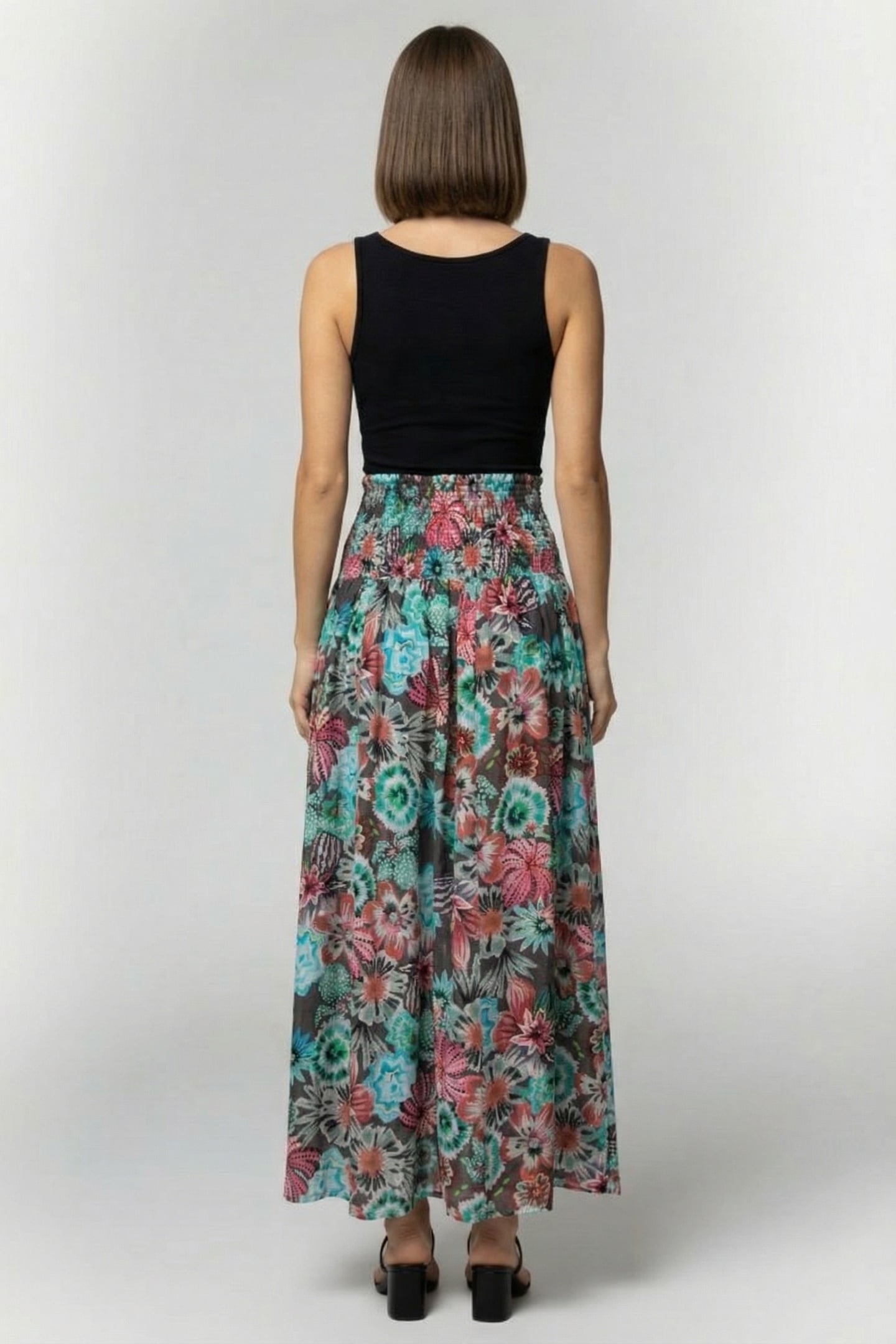SMOCKED SKIRT MAGIC IN DARK SHADOW WITH FLORAL MEDLEY PRINT 2