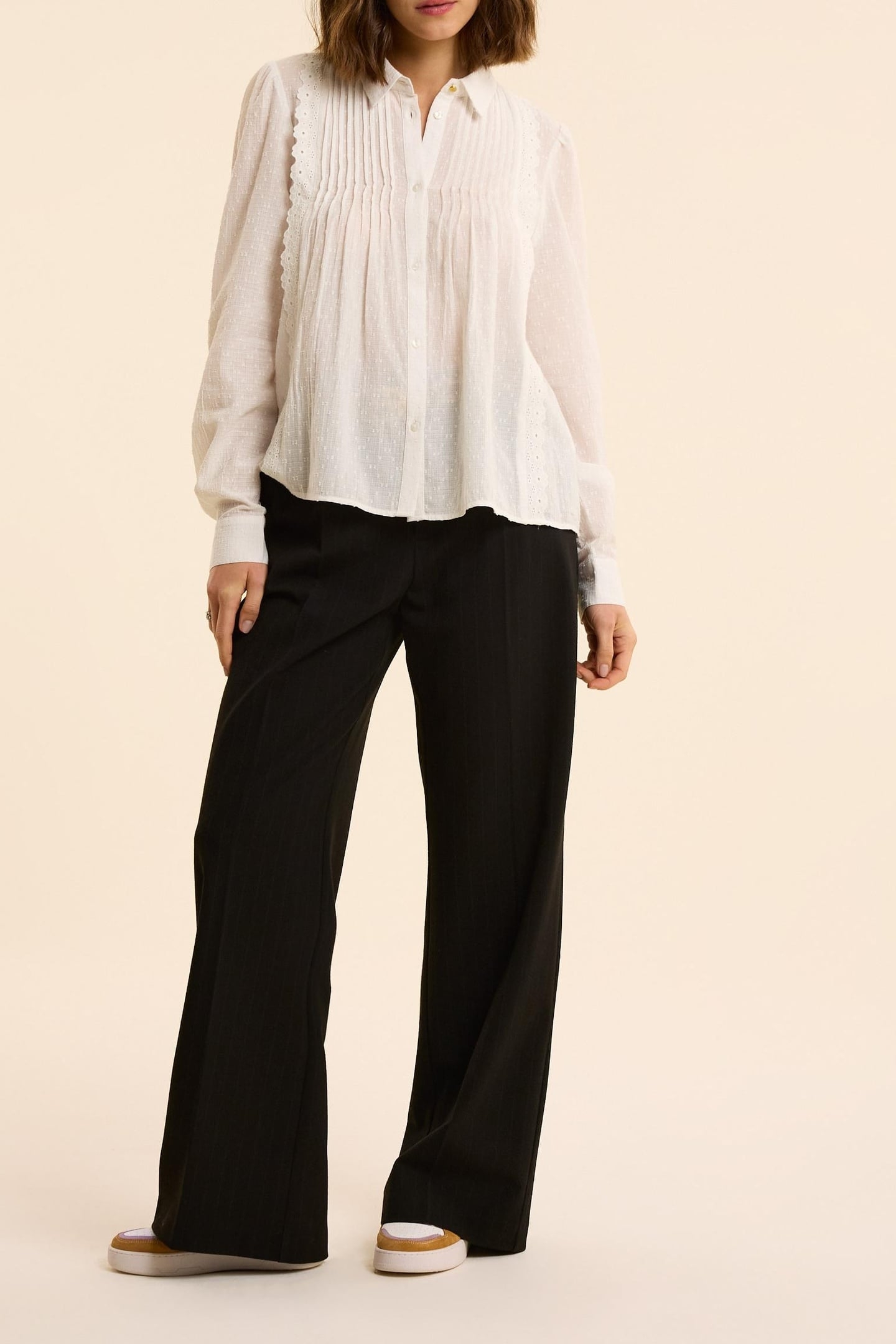 WHITE SHIRT, EYELET EMBROIDERY & PLEATED PANEL OFF-WHITE 1