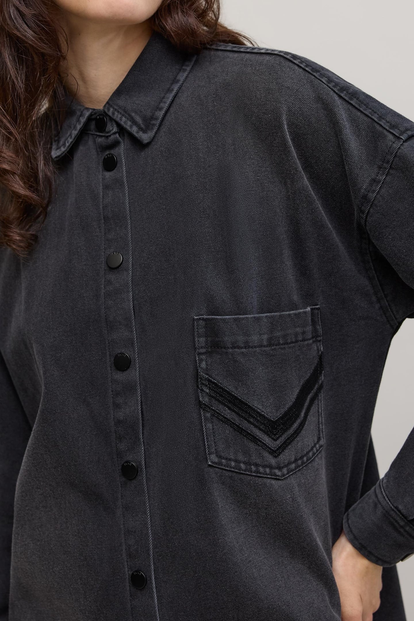 BLACK HERRINGBONE PRINT DENIM SHIRT DRESS WOMEN 6