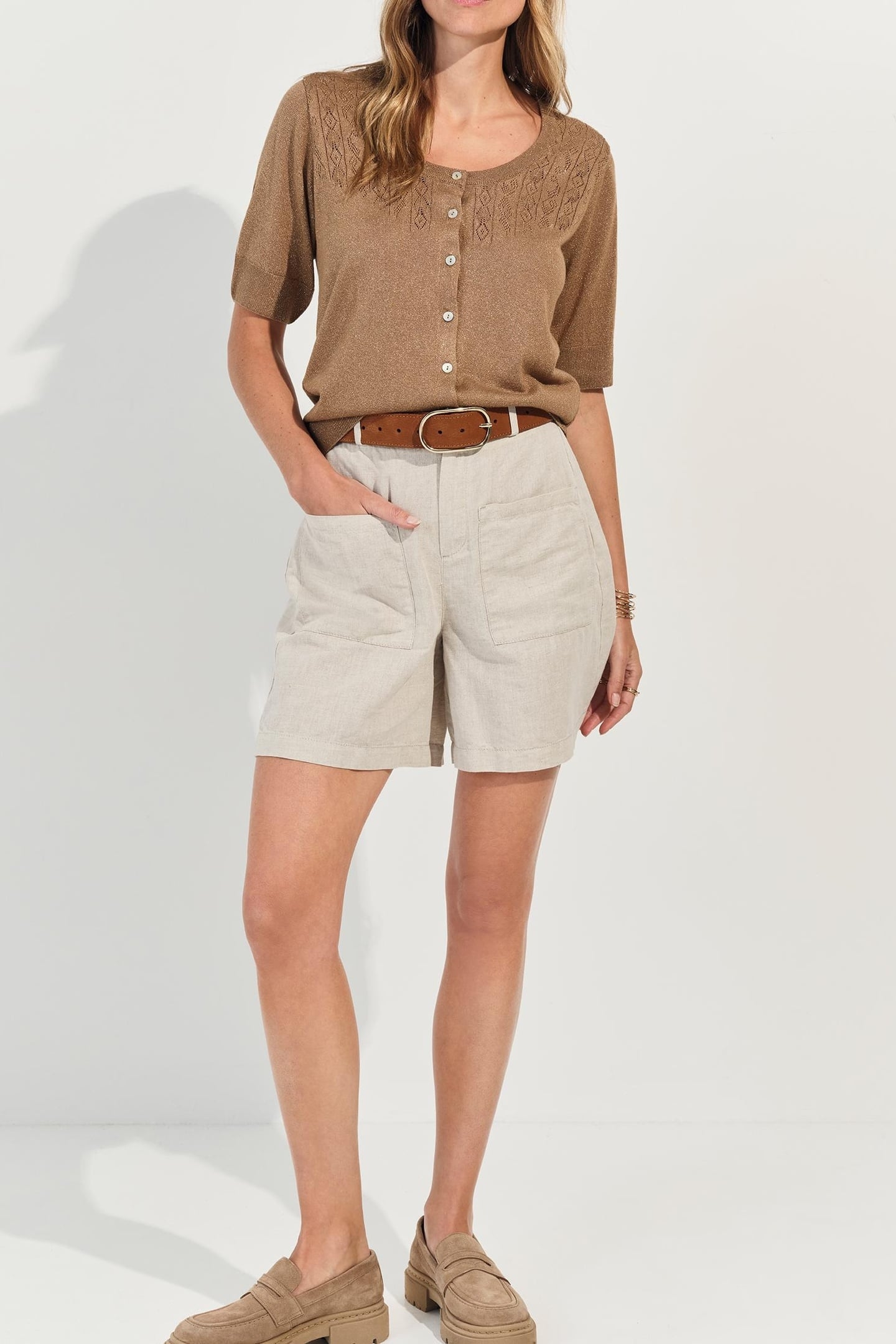 TERENOS - FANCY LUREX KNIT BROWN SHORT-SLEEVED CARDIGAN 3