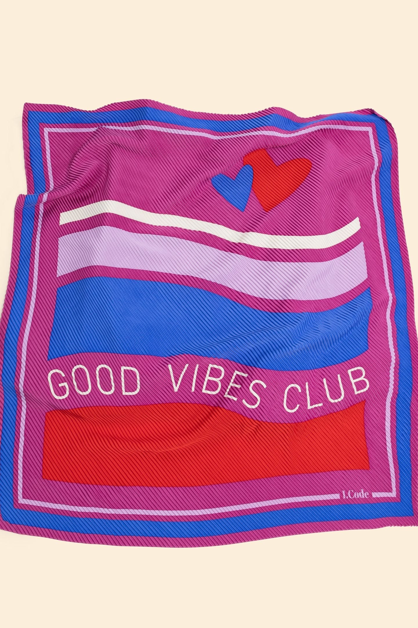 PURPLE PLEATED SQUARE SCARF WITH STRIPES AND MESSAGE VIOLINE 2