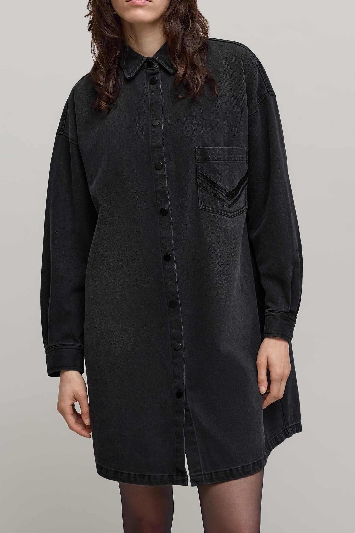 BLACK HERRINGBONE PRINT DENIM SHIRT DRESS WOMEN 1