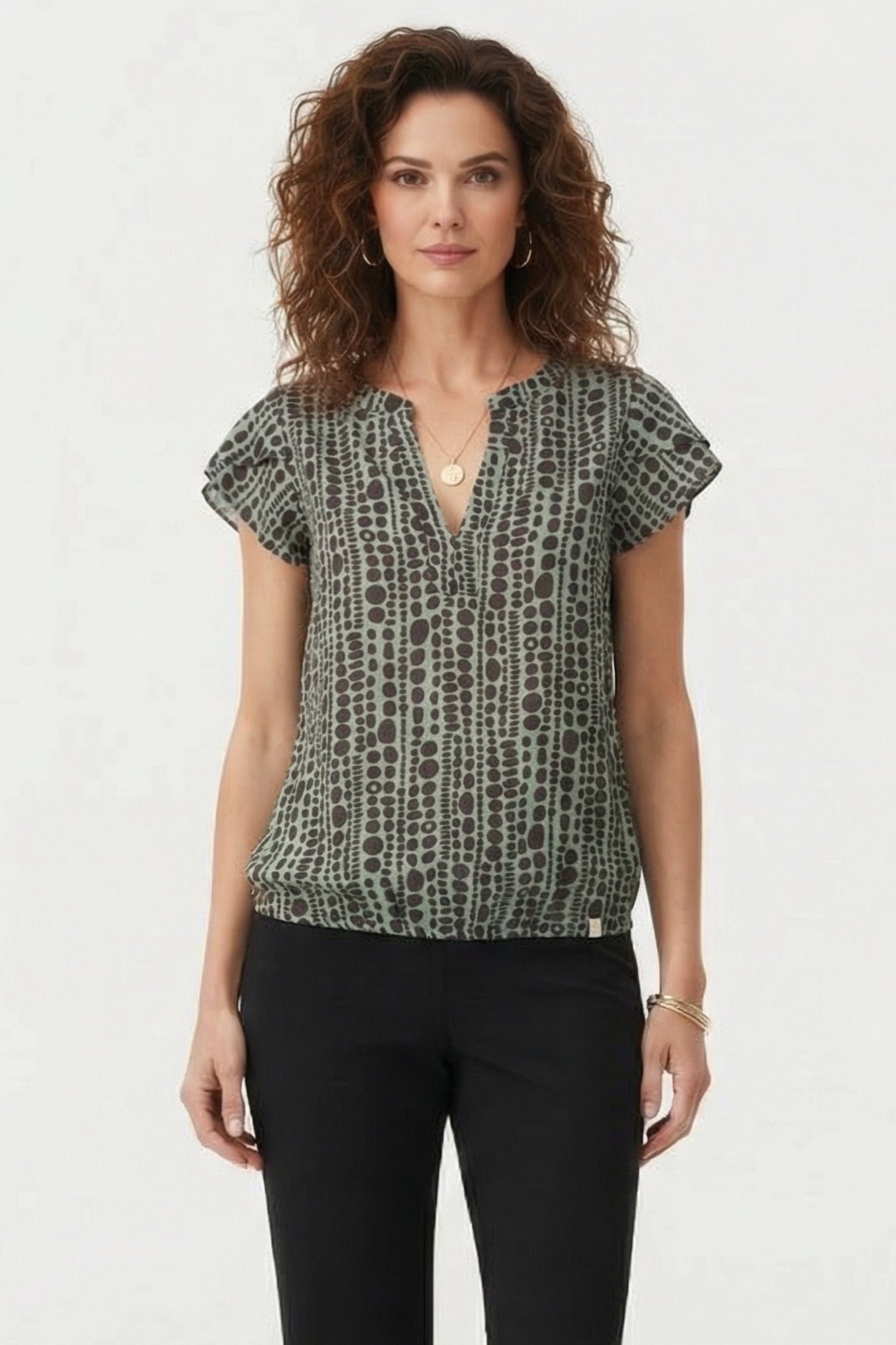 BLOUSE FLARE IN GRANITE GREEN WITH DOTS IS A ROW PRINT 1