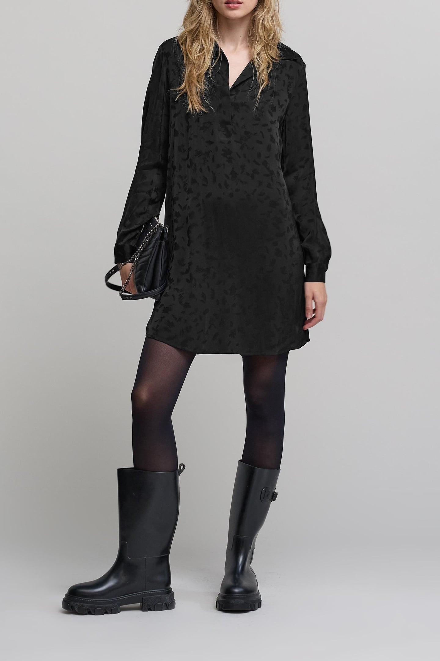 BLACK JACQUARD DRESS WITH ARTY EMBROIDERY MOTIF 1